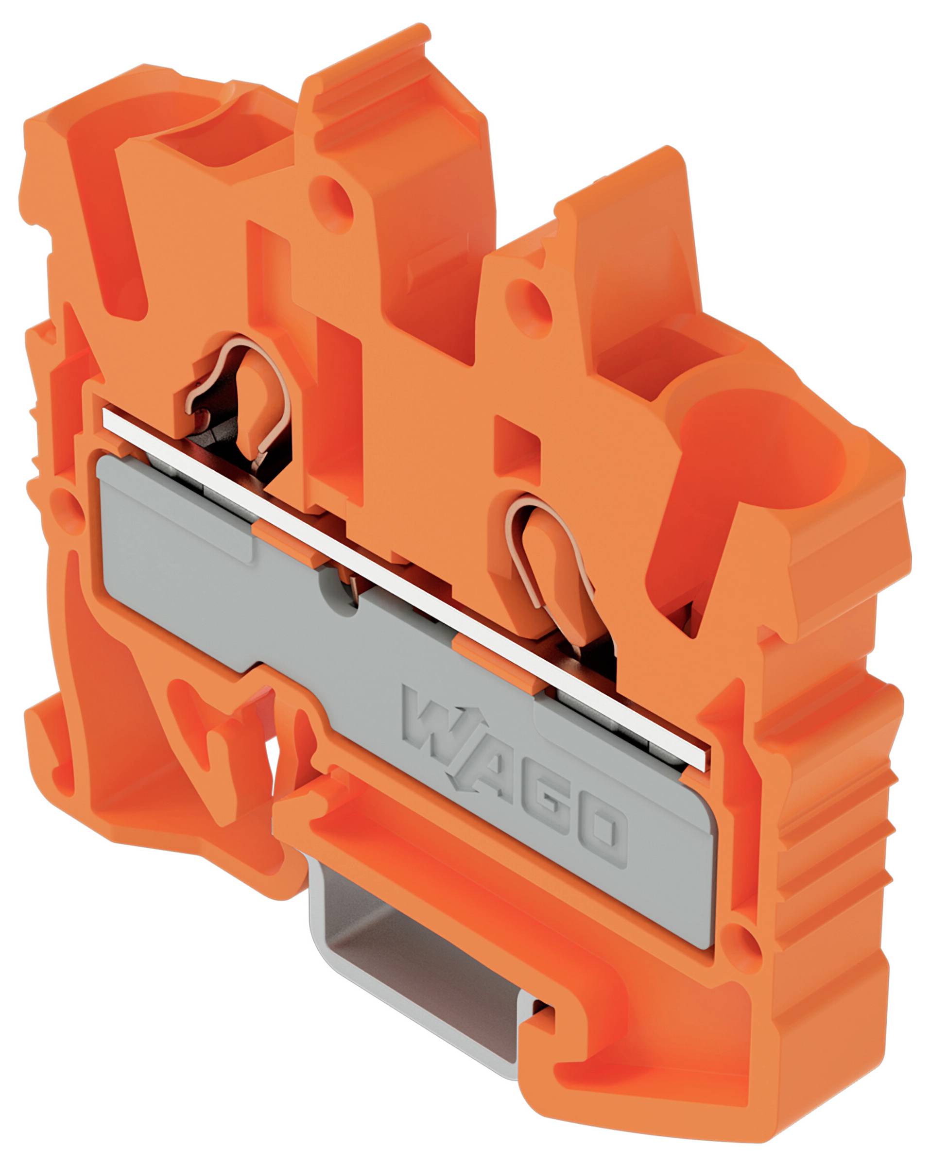 Oranges Elektroanschlussblock mit grauem Stecker, gekennzeichnet mit 'WAGO', ausgestattet mit Steckklemmen-Verbindungspunkten und robustem Design.