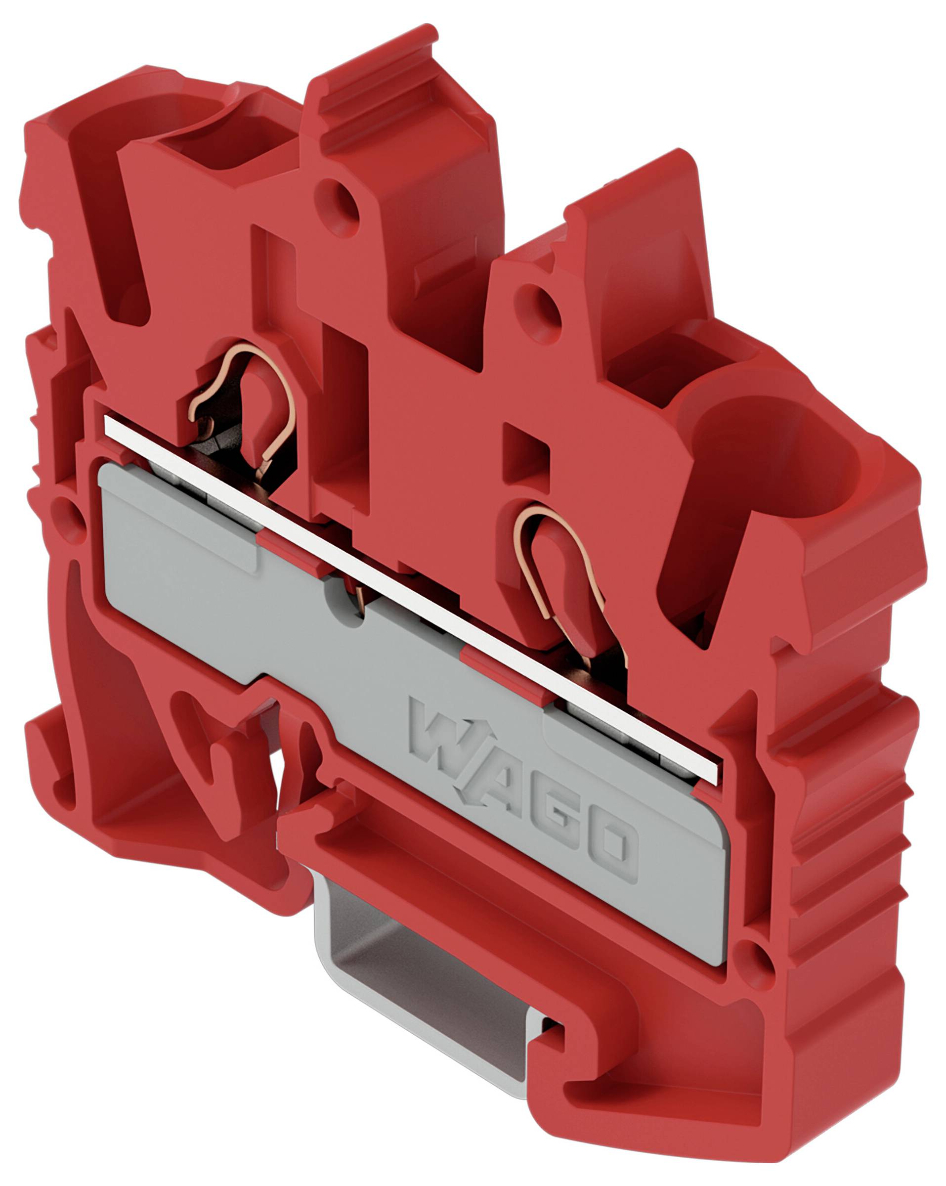 Eine Nahaufnahme eines schwarzen, zweipoligen elektrischen Klemmblocks, der seine internen Metallverbinder und den Verdrahtungsweg zeigt, der in elektrischen Schaltkreisen verwendet wird.