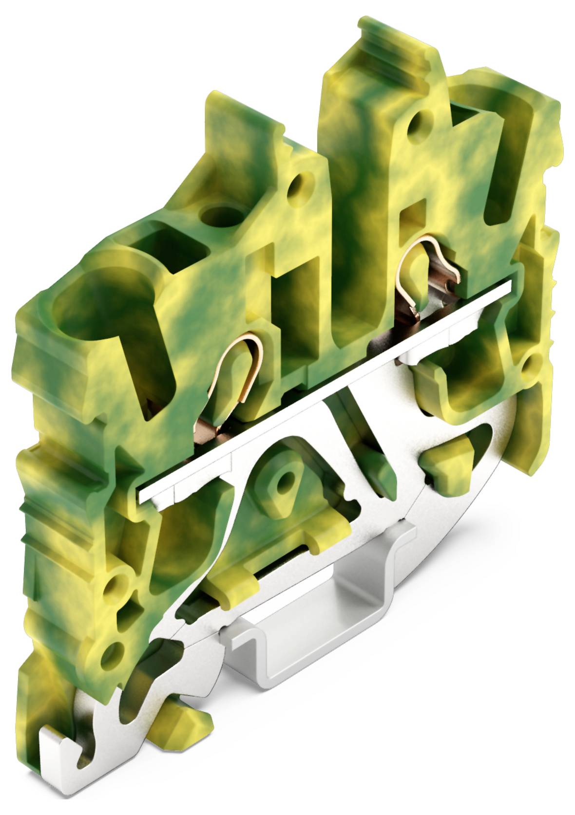 Eine Schnittansicht eines grün-gelben Elektroklemmenblocks mit freiliegenden Metallkontakten und sichtbarer innerer Struktur.