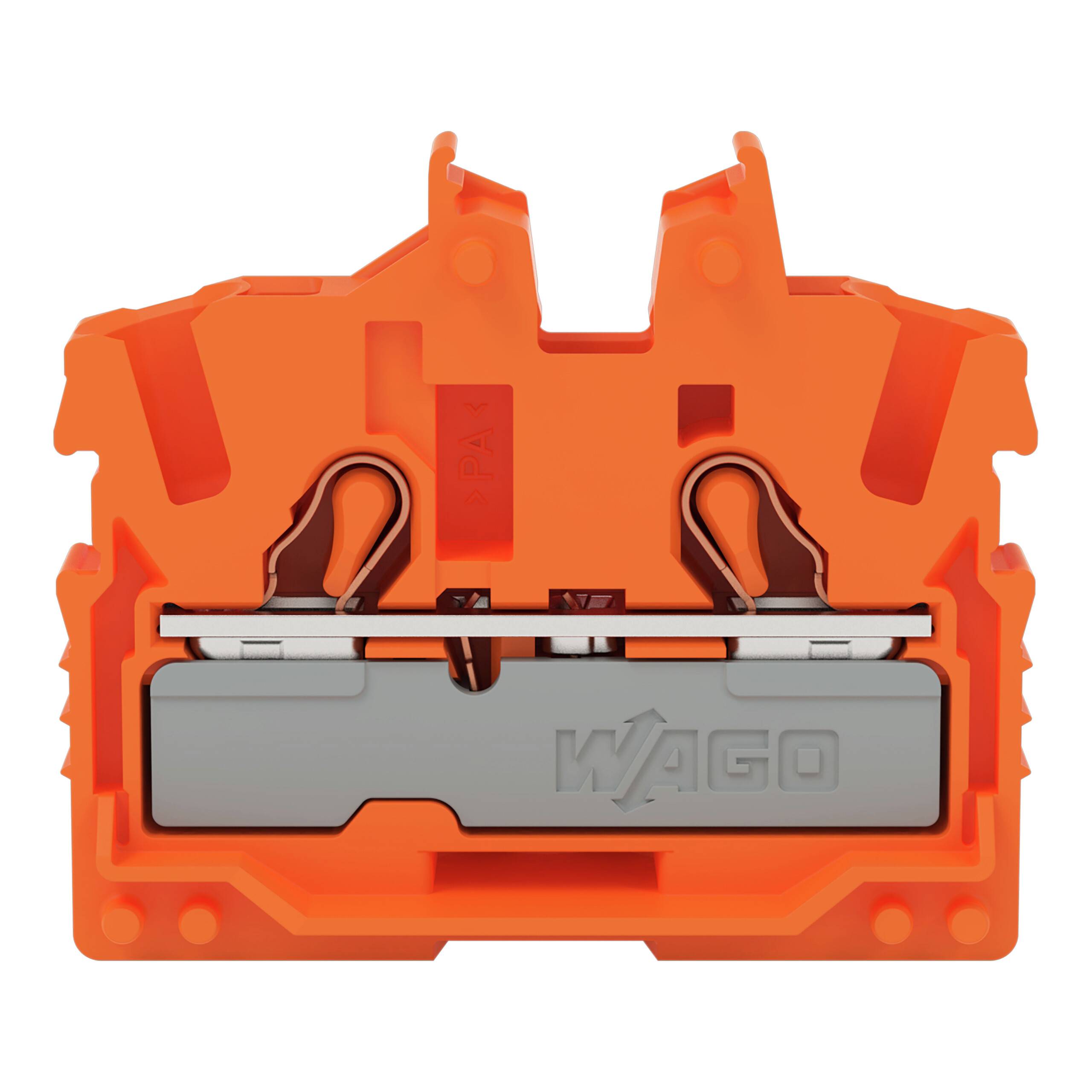 Ein orange Steckverbinder mit silbernen Metallklemmen und Federklemmen, der zum Verdrahten verwendet wird. Das WAGO-Logo ist auf der Metallplatte sichtbar.
