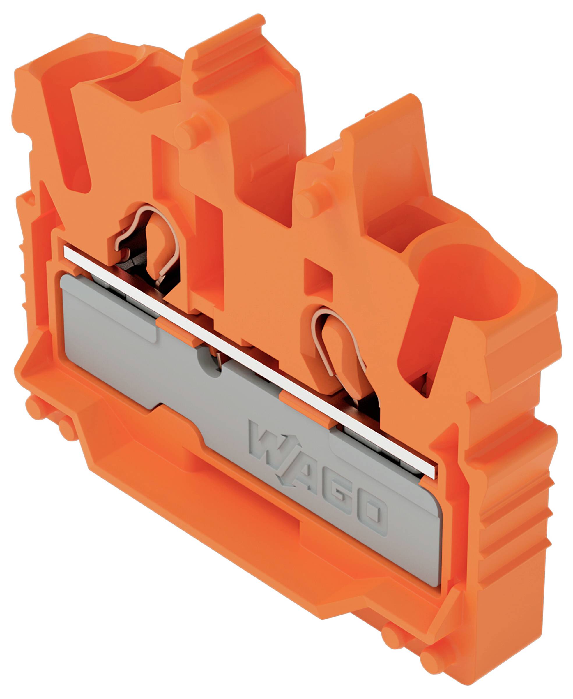 Ein orange-grauer WAGO-Elektroklemmenblock mit zwei Drahteingang und Anschlüssen, der für sichere elektrische Verbindungen verwendet wird.