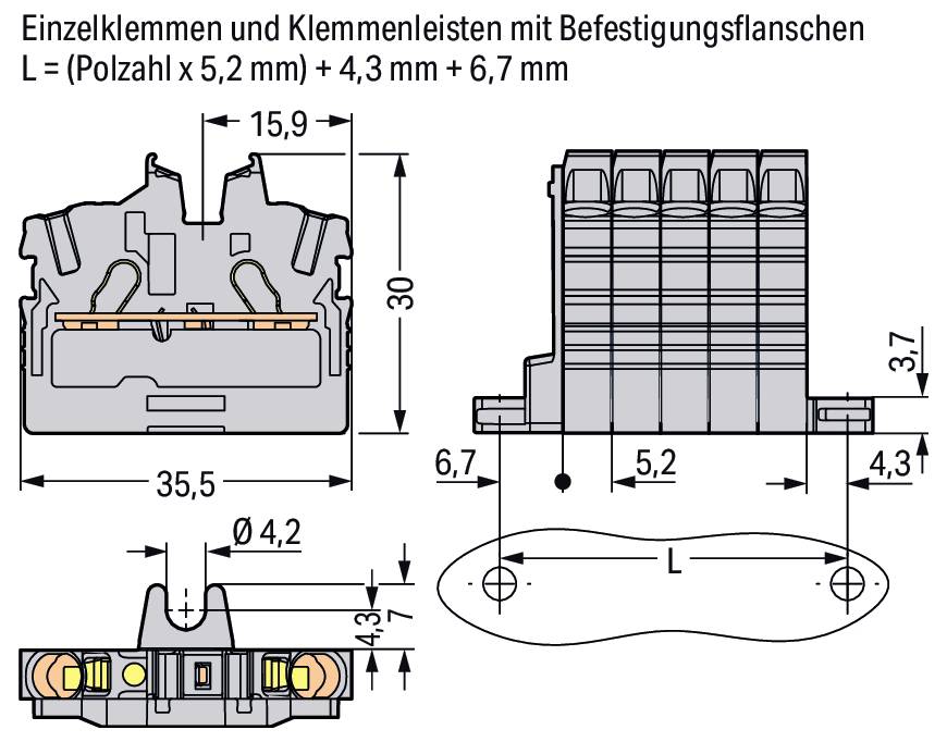 Ein technisches Diagramm, das einen Klemmblock mit Montagemaßen und Spezifikationen darstellt, einschließlich Breite, Höhe und Anschlussöffnungen.