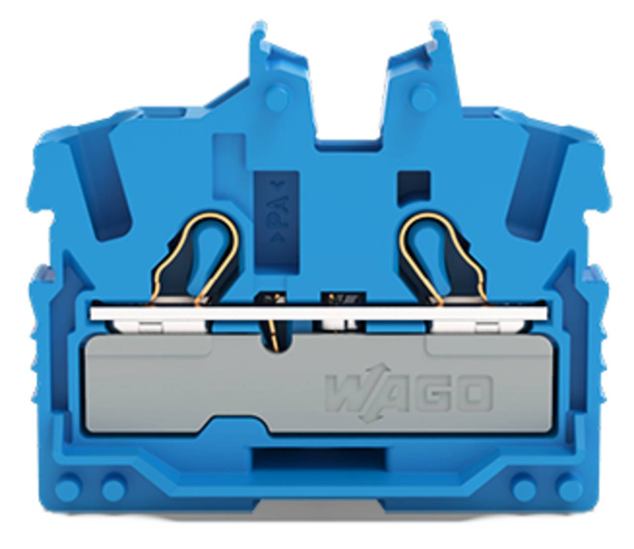 Ein blauer Elektroklemmenblock mit einem metallischen Verbindungselement im Inneren, der zum Befestigen und Verbinden von Verdrahtung in einem Stromkreis verwendet wird.
