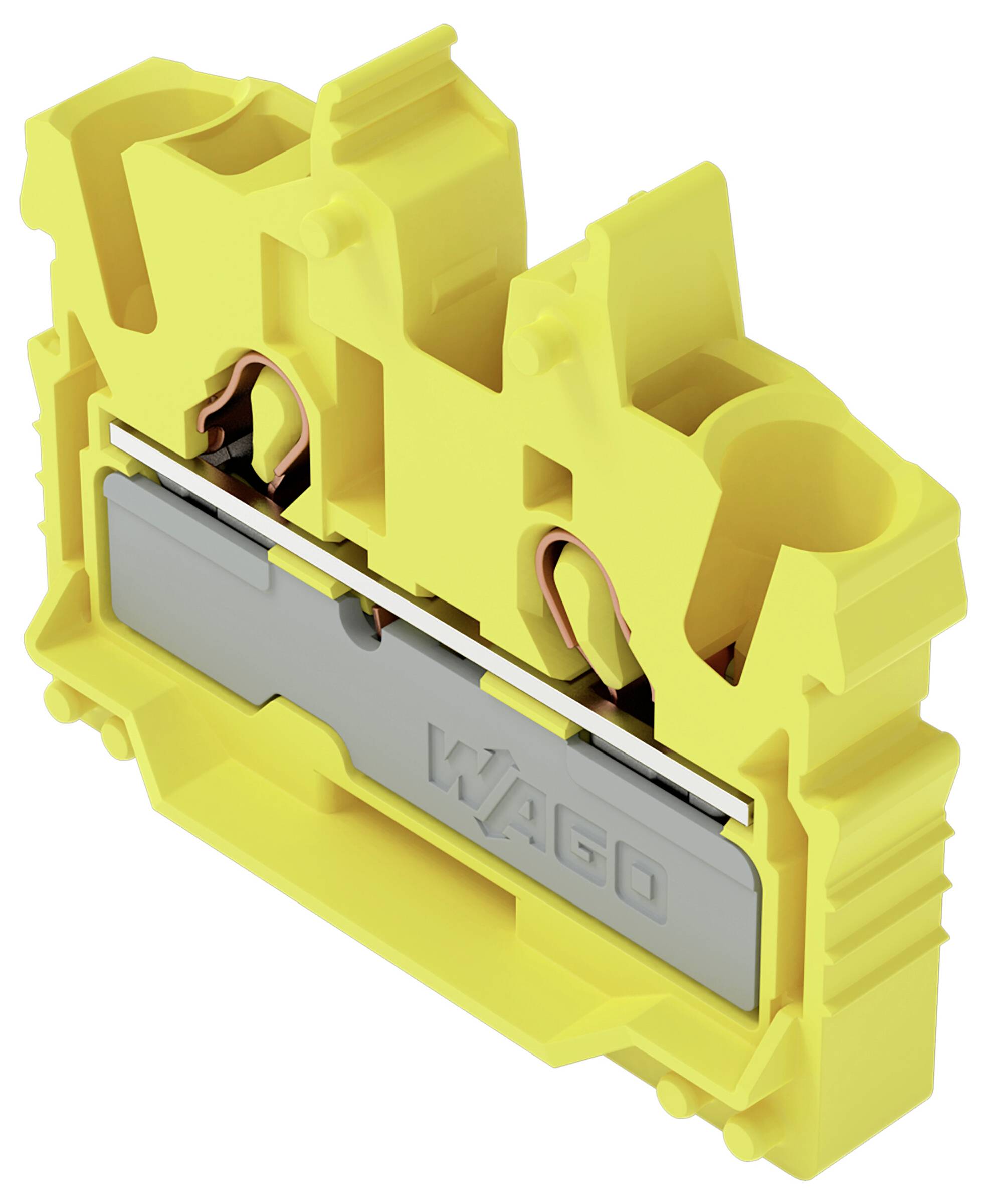 Ein gelber Steckverbinder mit einer Metallplatte mit der Aufschrift „WAGO