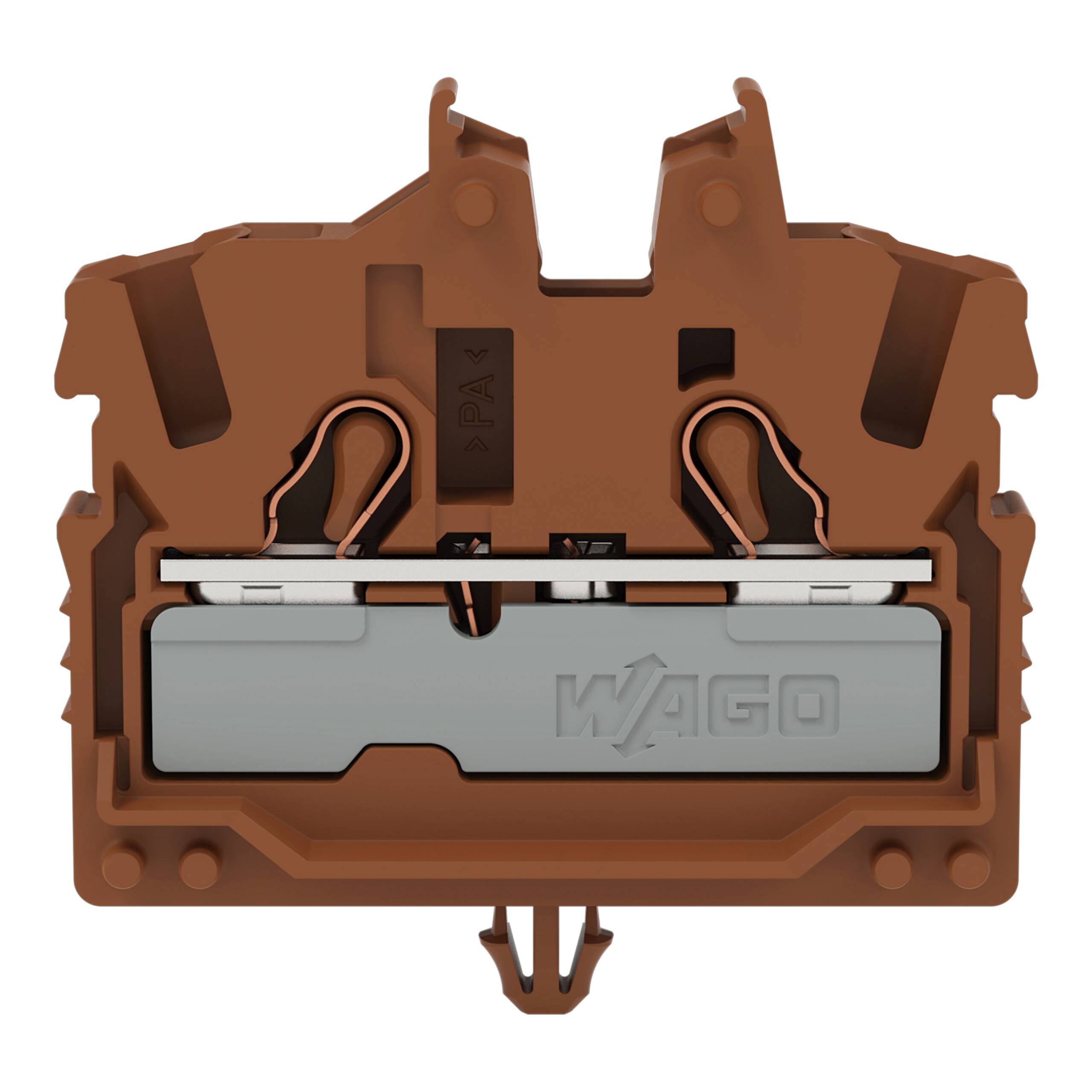 Ein braunes Elektroterminal mit Metallverbindern und dem Logo 'WAGO'. Es ist offenbar für Verdrahtungsverbindungen konzipiert.