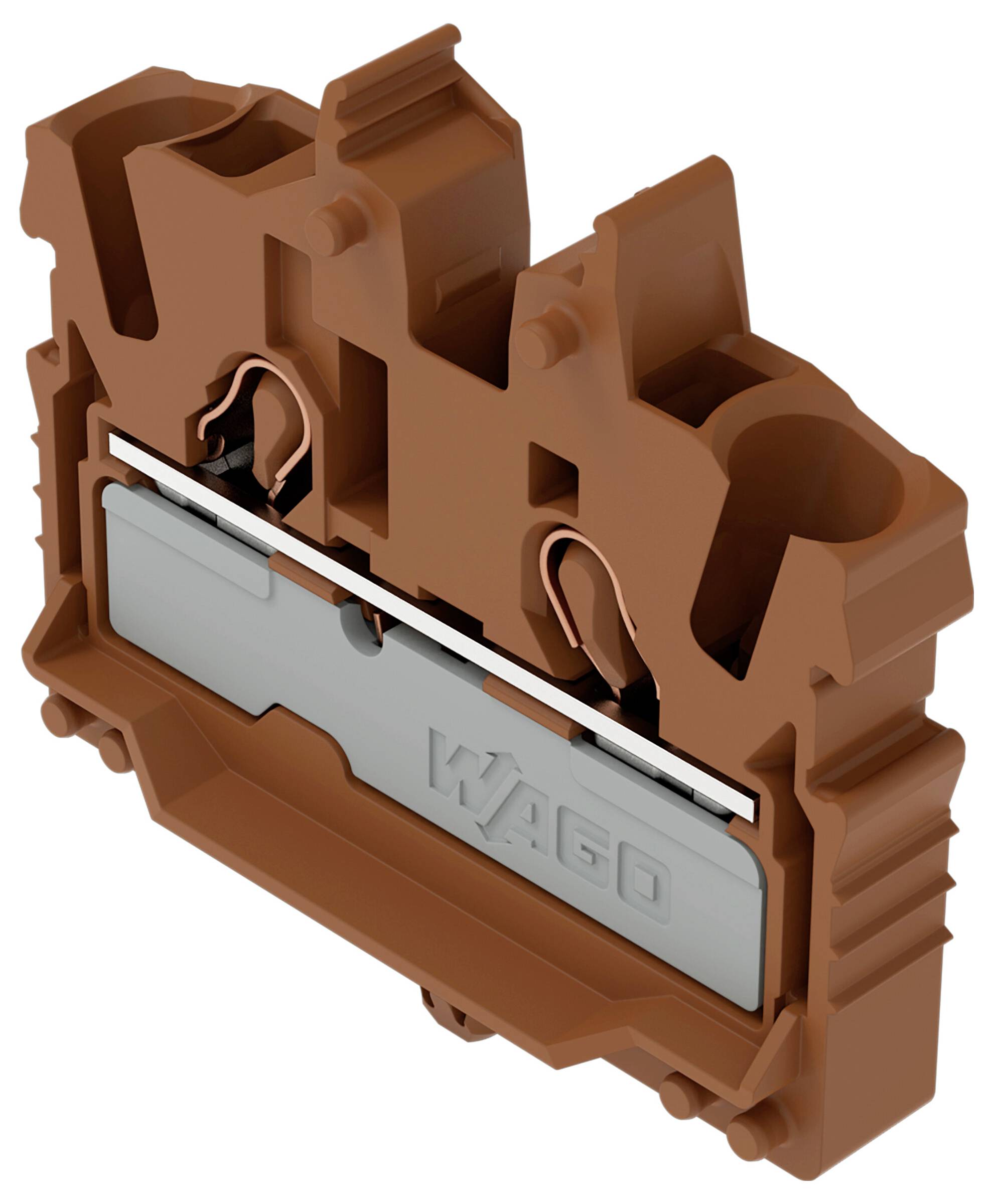 Ein braunes Stromverteilerklemmenblock mit zwei Öffnungen und einem Metallleiter in der Mitte, der zum Verbinden von Stromkreisen verwendet wird.