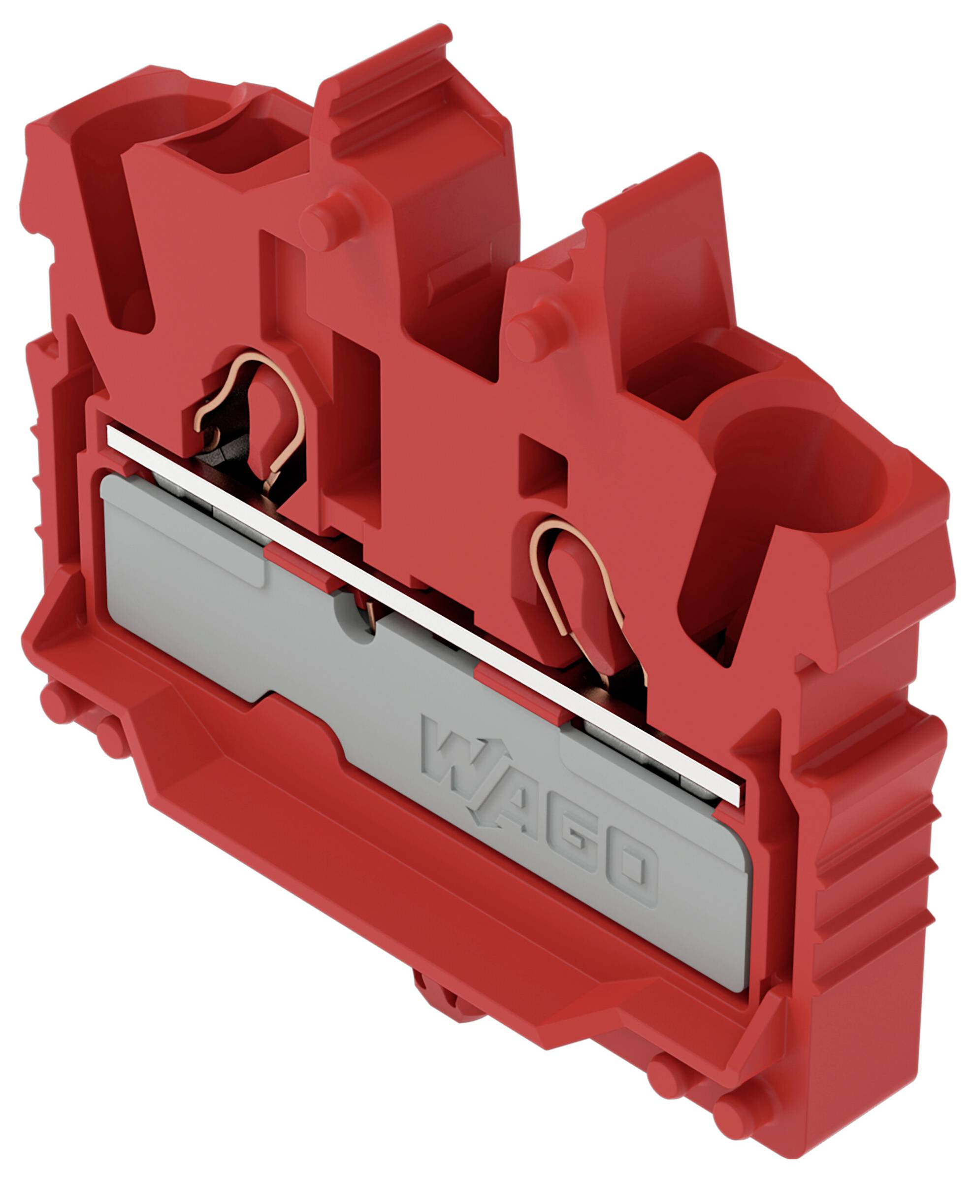 WAGO-Klemmleiste mit rotem Hebel, mit kompaktem Doppelleiter-Verbindungsdesign mit sichtbaren Kupferkomponenten und sicherem Verriegelungsmechanismus.