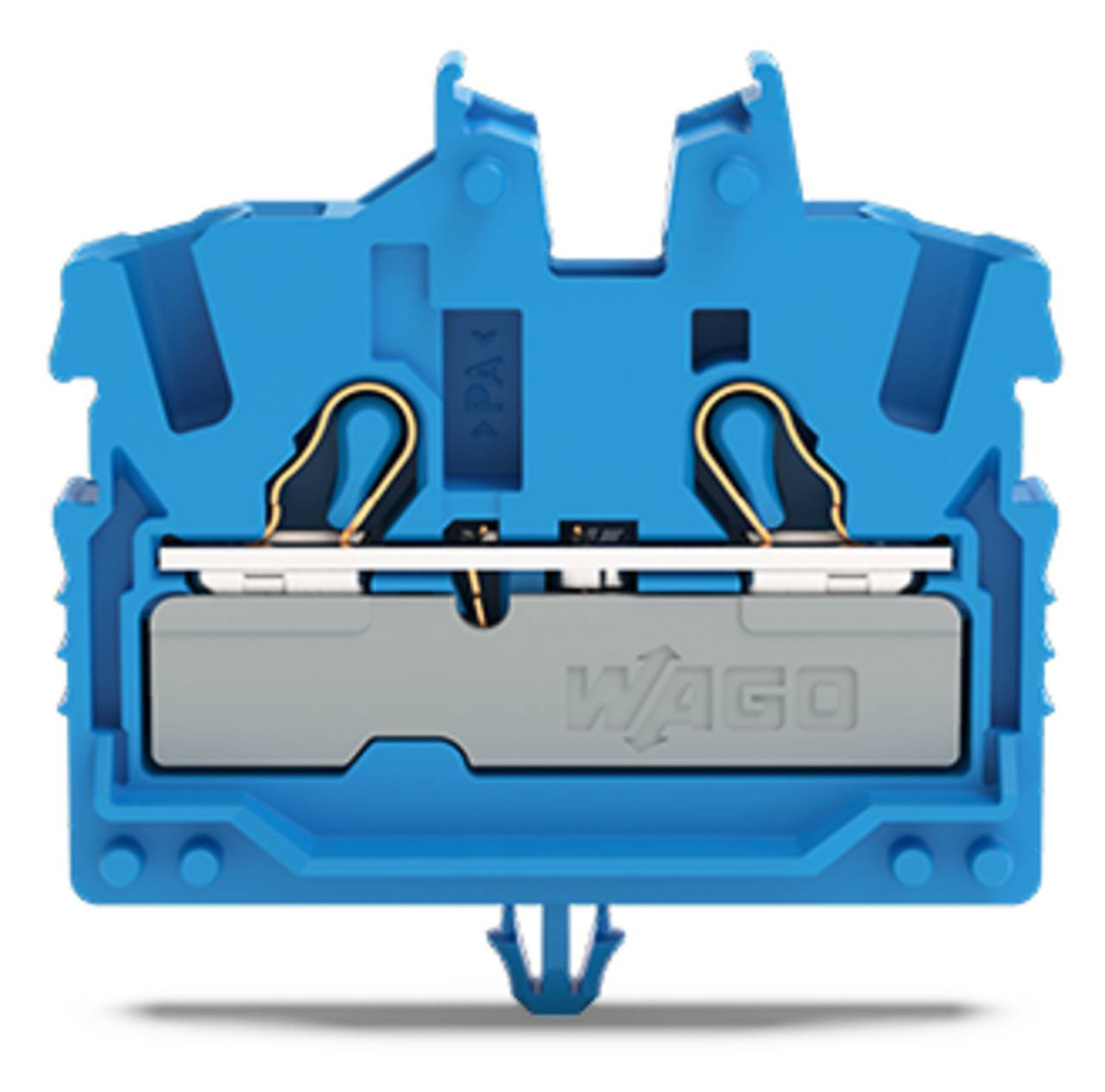 Ein blaues WAGO-Elektroklemmenblock mit sichtbaren internen Verbindungen und Klemmhebel-Design für Verdrahtungsanwendungen.