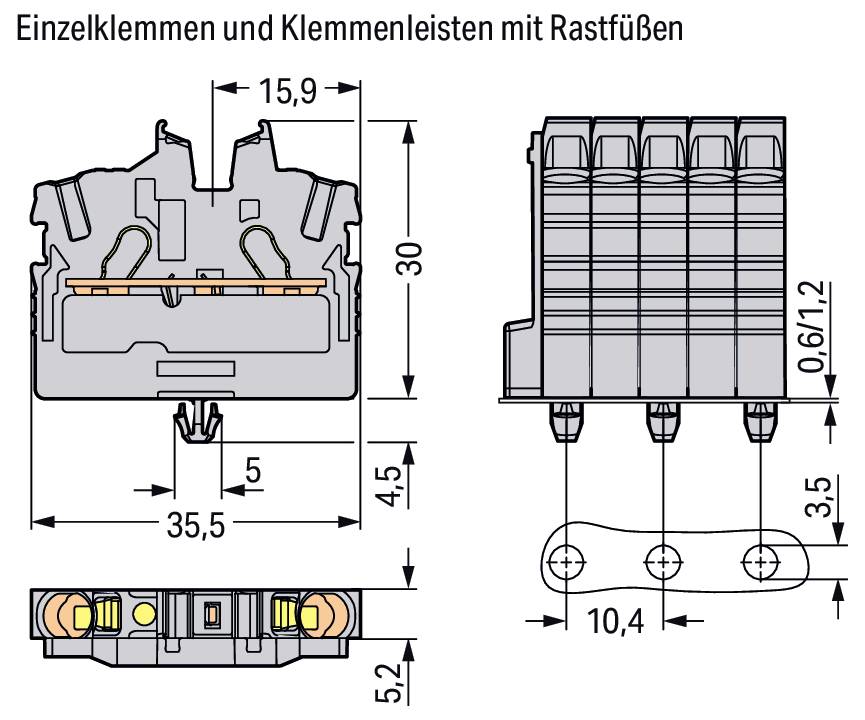 Technisches Diagramm von Klemmenleisten mit Schnappfüßen, das Abmessungen zeigt: 35,5 mm Breite, 30 mm Höhe, 5 mm Tiefe und weitere Messungen.