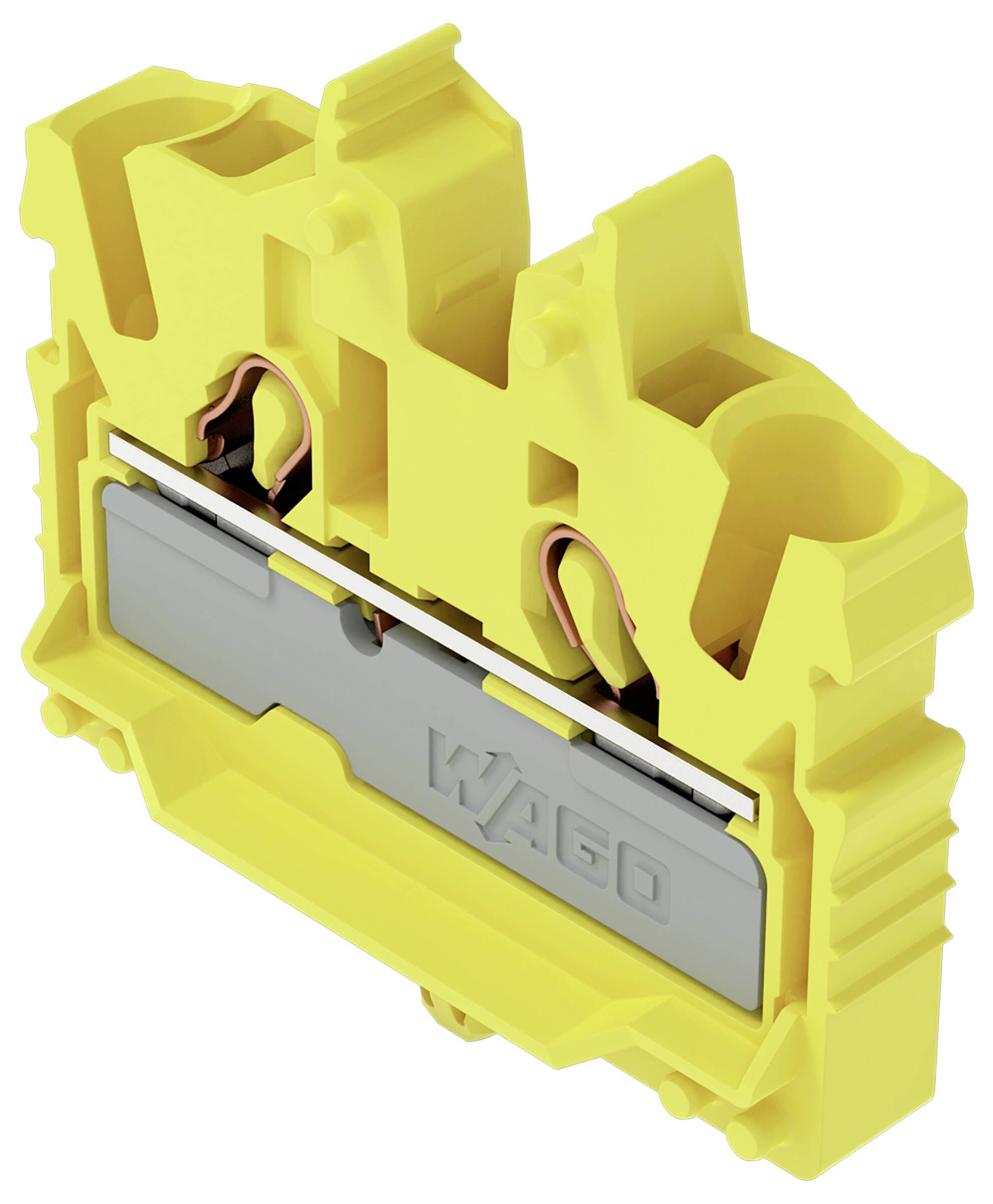 Ein gelbes Elektroklemmenleiste von WAGO mit sichtbaren Anschlüssen, die zum Sichern und Organisieren von Elektrokabeln verwendet wird.