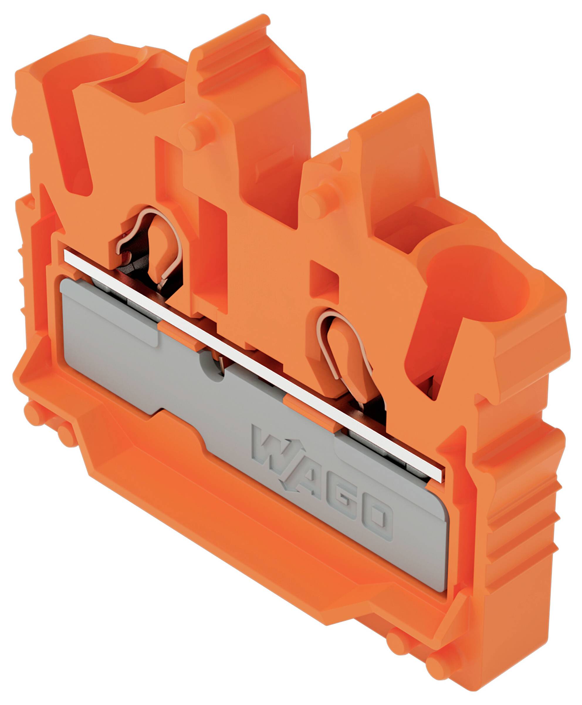 „Orange WAGO-Klemmleiste mit doppelten Drahtschlitzen und grauem Zentralstecker, entwickelt für elektrische Verbindungen.