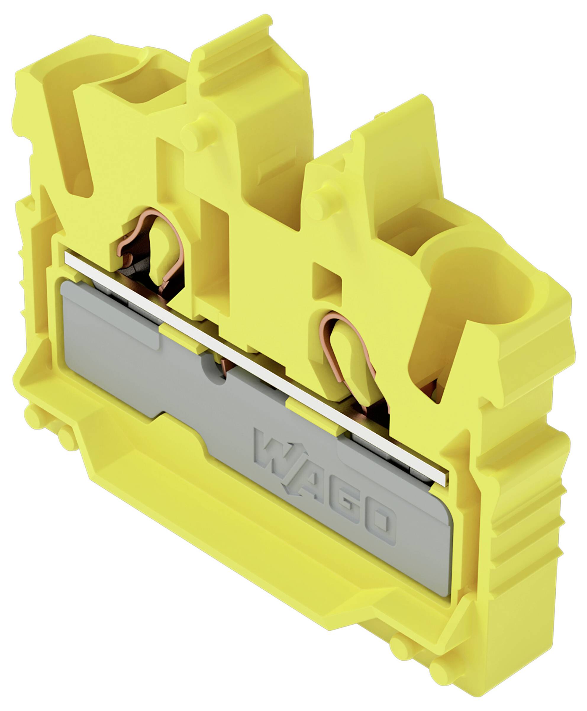 Ein gelber elektrischer Stecker mit einer Metallkomponente mit der Bezeichnung 