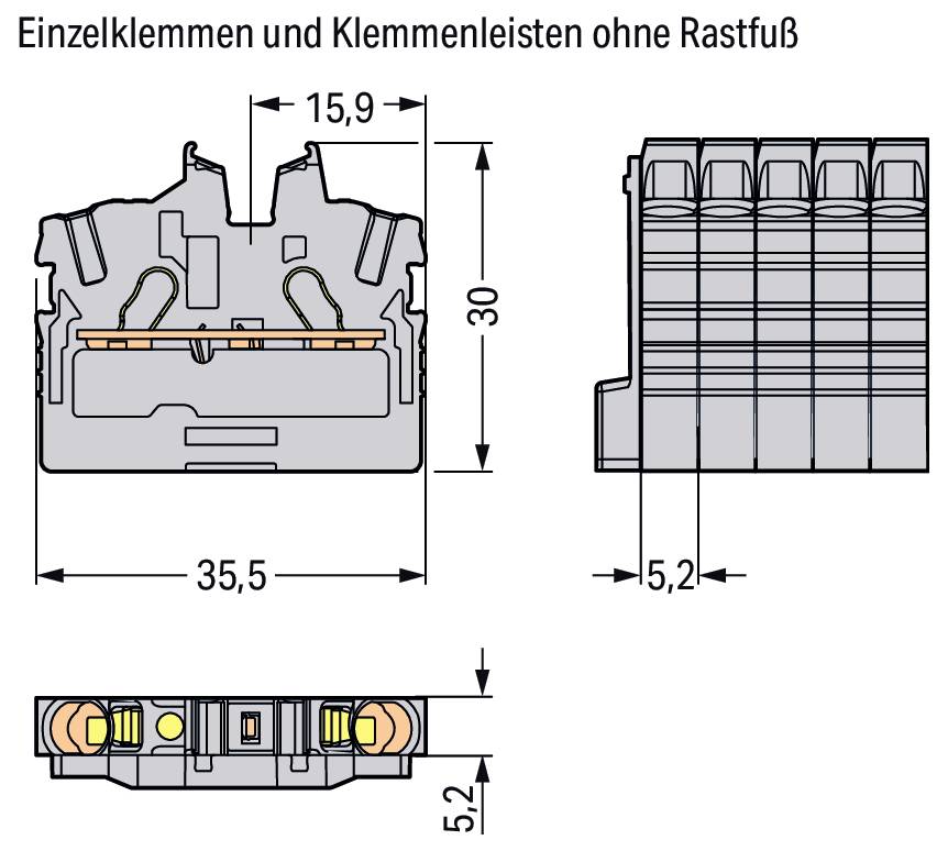 Querschnitt eines einzelnen Klemmenelements und von Klemmenblöcken ohne Schnappfuß, mit Abmessungen: 35,5 mm Breite, 30 mm Höhe und 5,2 mm Tiefe.