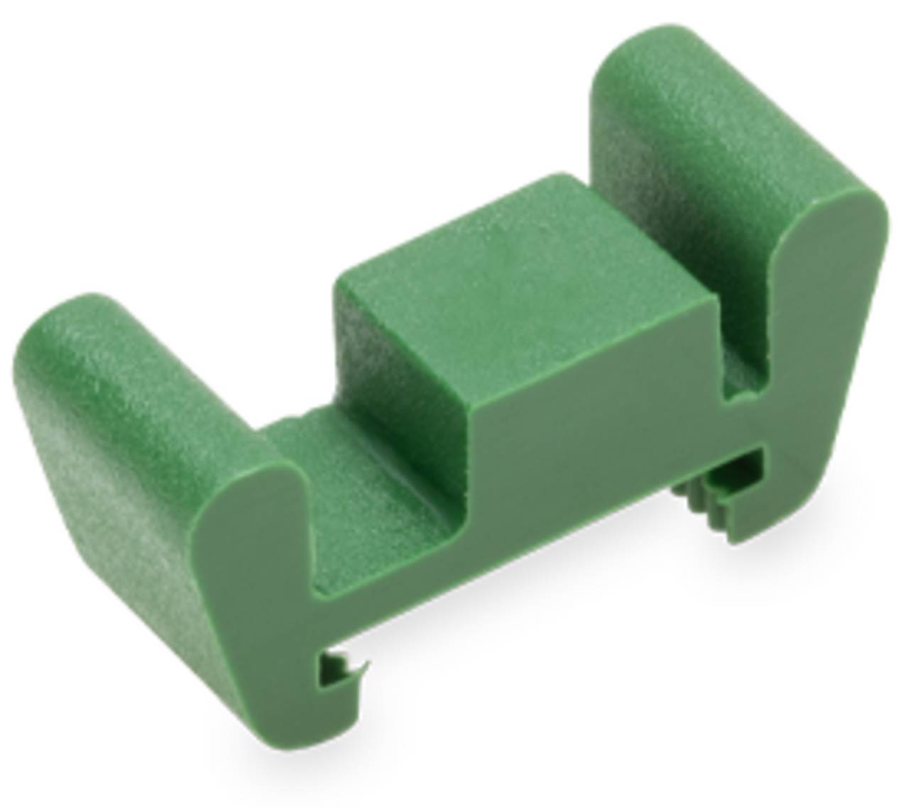 Ein grüner Kunststoffclip mit U-förmigem Design, wahrscheinlich zum Befestigen oder Zusammenhalten von Objekten verwendet.