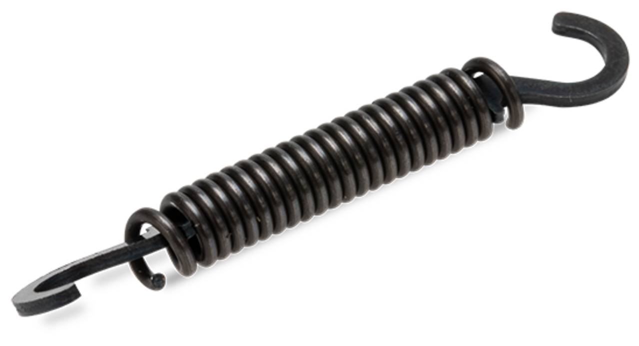 Eine Metallfeder unter Zug mit Haken an beiden Enden, die verwendet wird, um mechanische Energie zu absorbieren und zu speichern.