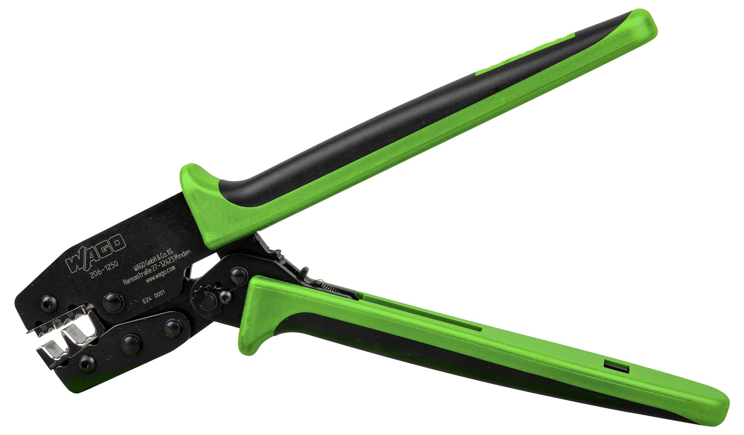 Ein Crimpwerkzeug mit grünen und schwarzen Griffen, gekennzeichnet mit „WAGO