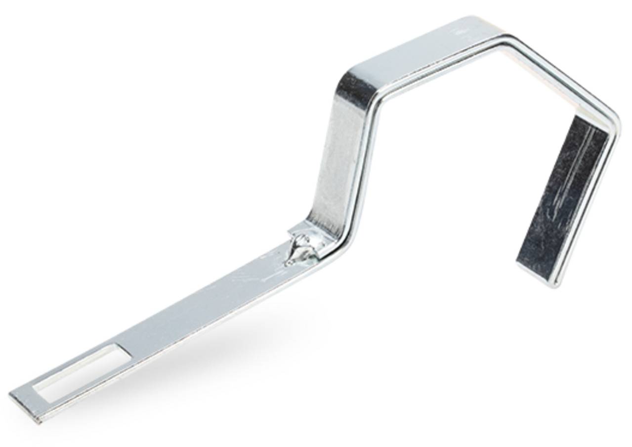 Eine Metallhalterung mit einer flachen Grundfläche und einem abgewinkelten Haken zum Aufhängen von Gegenständen oder als Stütze.