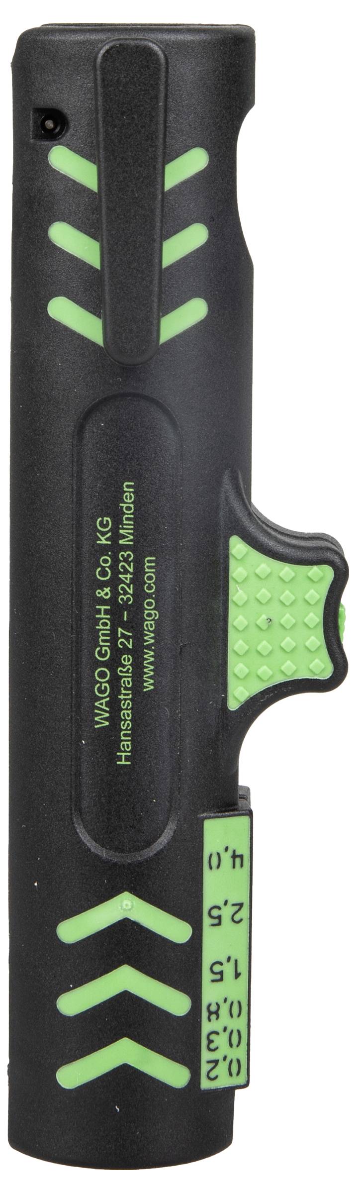 Ein schwarz-grünes Gerät mit einem Schiebeschalter und Winkelmarkierungen. Es zeigt den Text „WAGO GmbH & Co. KG