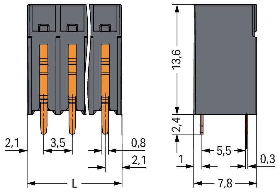 Technische Zeichnung eines dreiteiligen Bauteils mit Vorder- und Seitenansicht sowie Maßangaben: Breite 3,5 mm, Höhe 13,6 mm, verschiedene Tiefen.