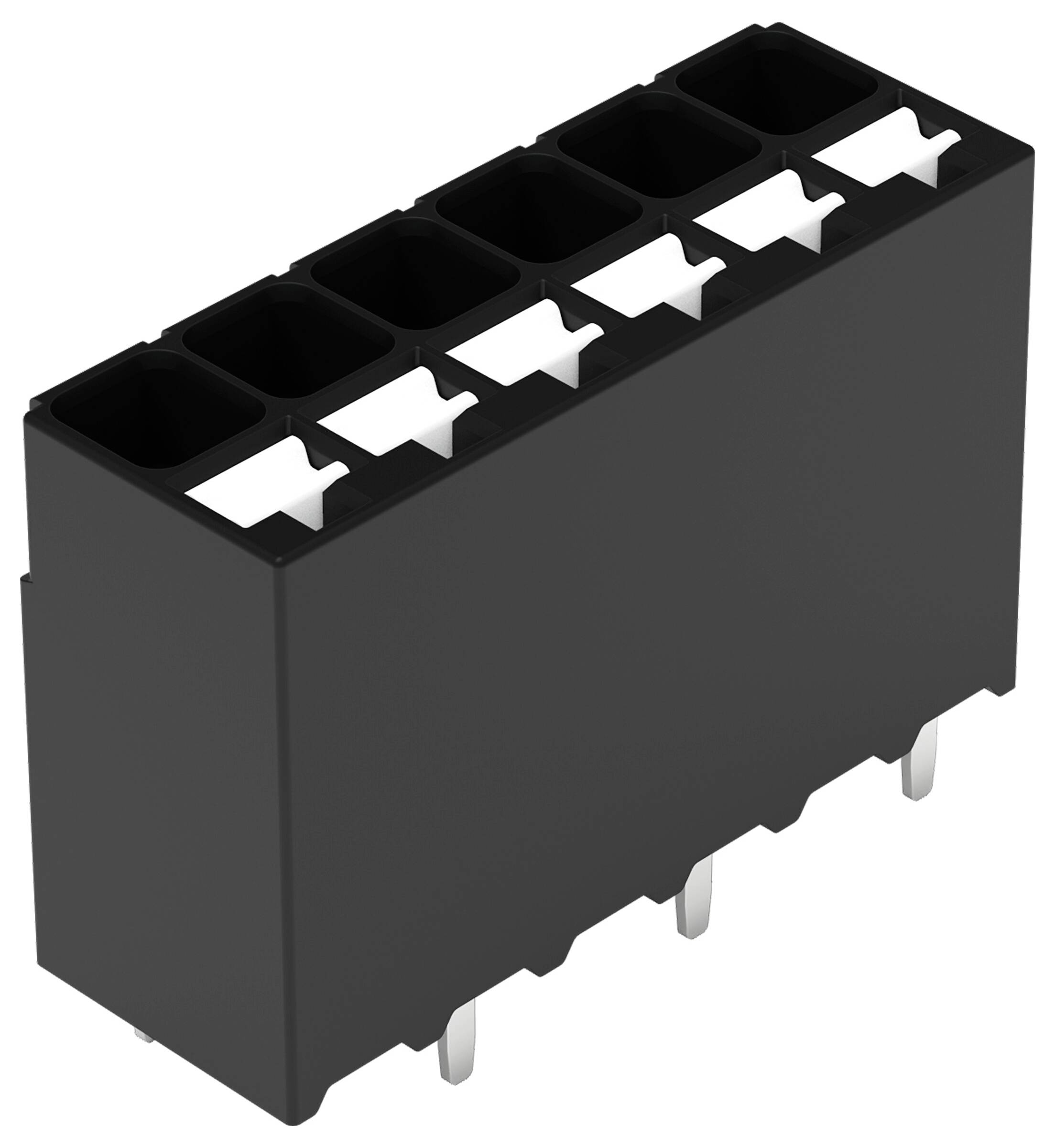 Ein schwarzer rechteckiger elektronischer Stecker mit acht vertikalen Schlitzen und vier Metallstiften, die sich von unten erstrecken.