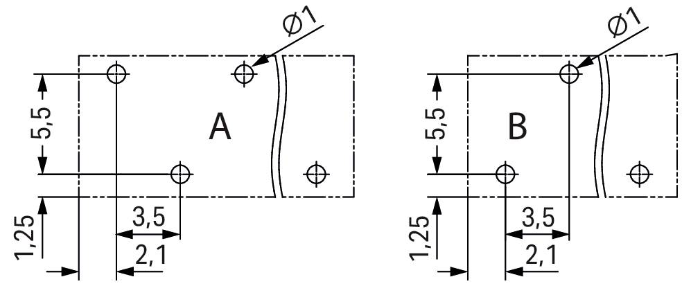 Technisches Diagramm mit den Teilen A und B, jeweils mit Abmessungen 5,5x1,25 und drei Bohrungen mit Durchmesser Ø1, mit Abständen von 3,5 und 2,1.