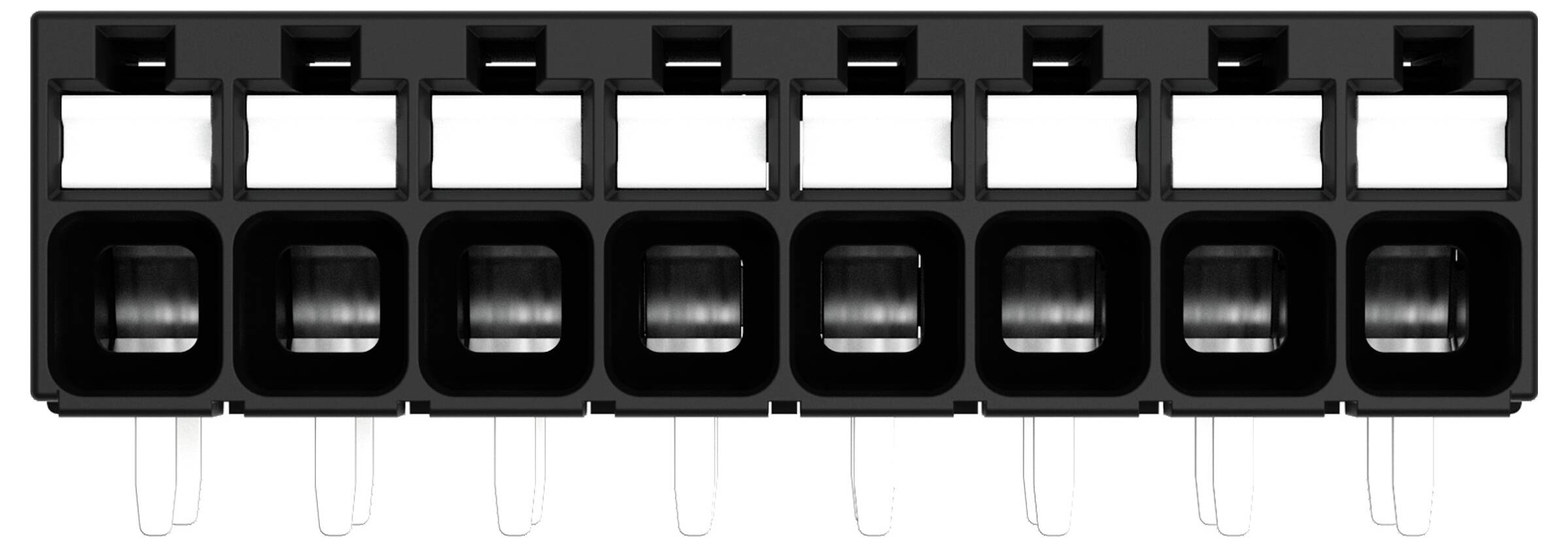 Ein schwarzer Acht-Schacht-Batteriehalter mit weißen Laschen unter jedem Schacht, konstruiert zur Sicherung und Verbindung von zylindrischen Batterien in elektronischen Geräten.