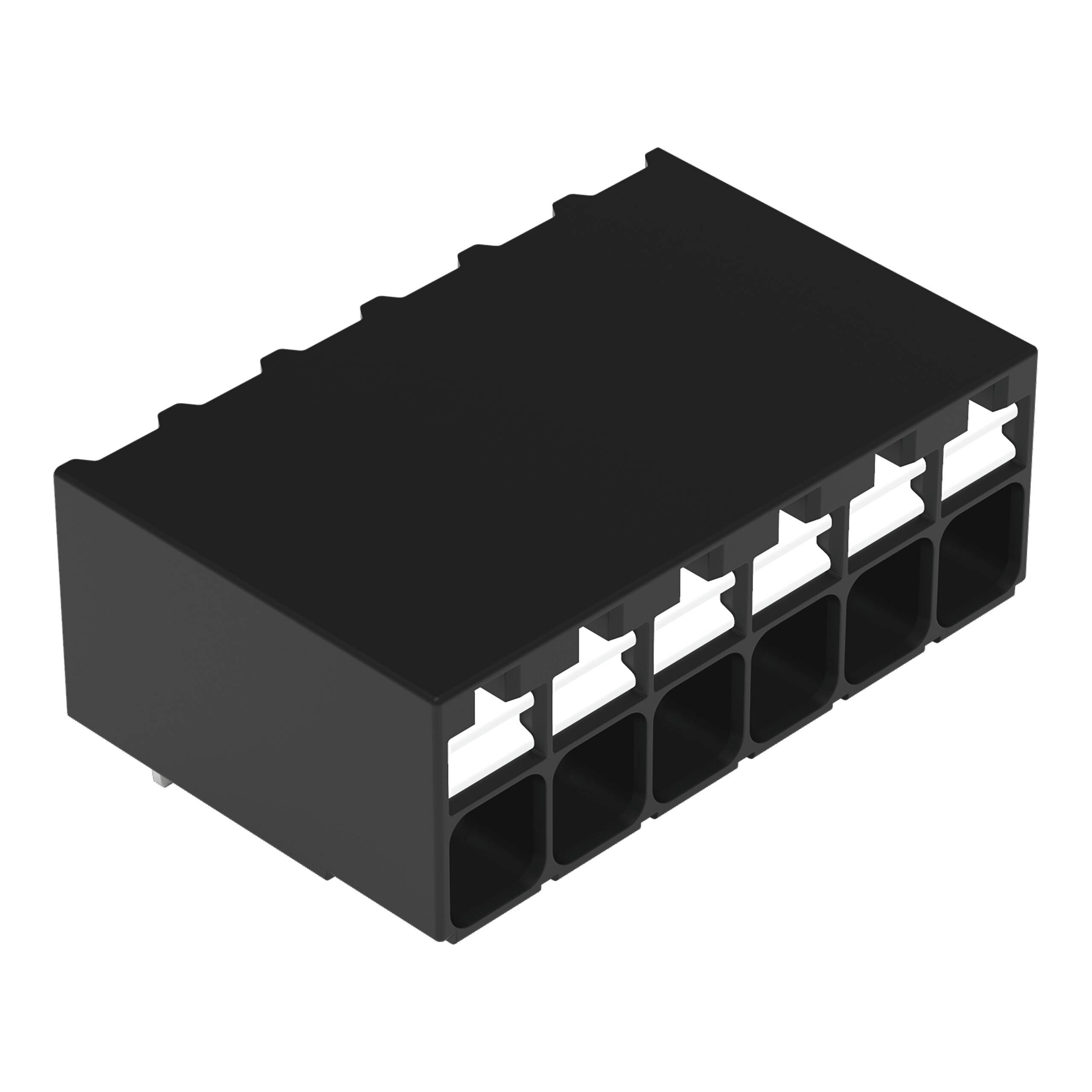 Ein schwarzer Kunststoff-Elektrostecker mit zehn rechteckigen Schlitzen, der zum Verbinden von Drähten in elektronischen Geräten verwendet wird.
