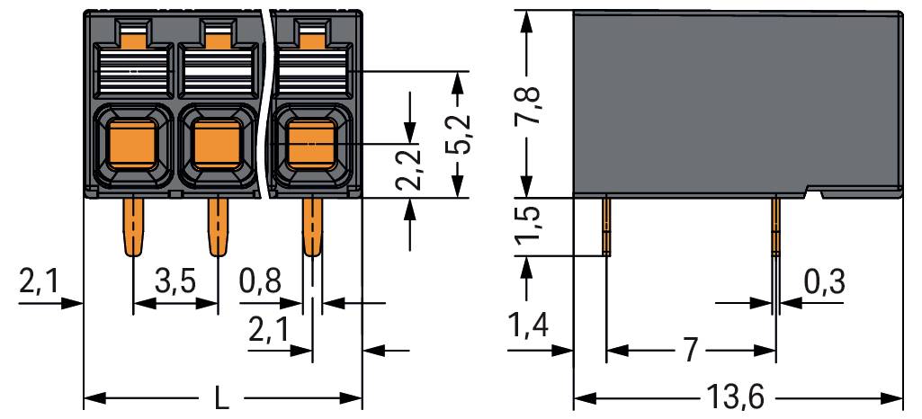 Technisches Schaltplan eines 3-poligen Klemmleisten-Layouts. Seitenansicht zeigt Abmessungen: 3,5 mm Stiftabstand, Höhe 7,8 mm, verschiedene detaillierte Maßangaben enthalten.