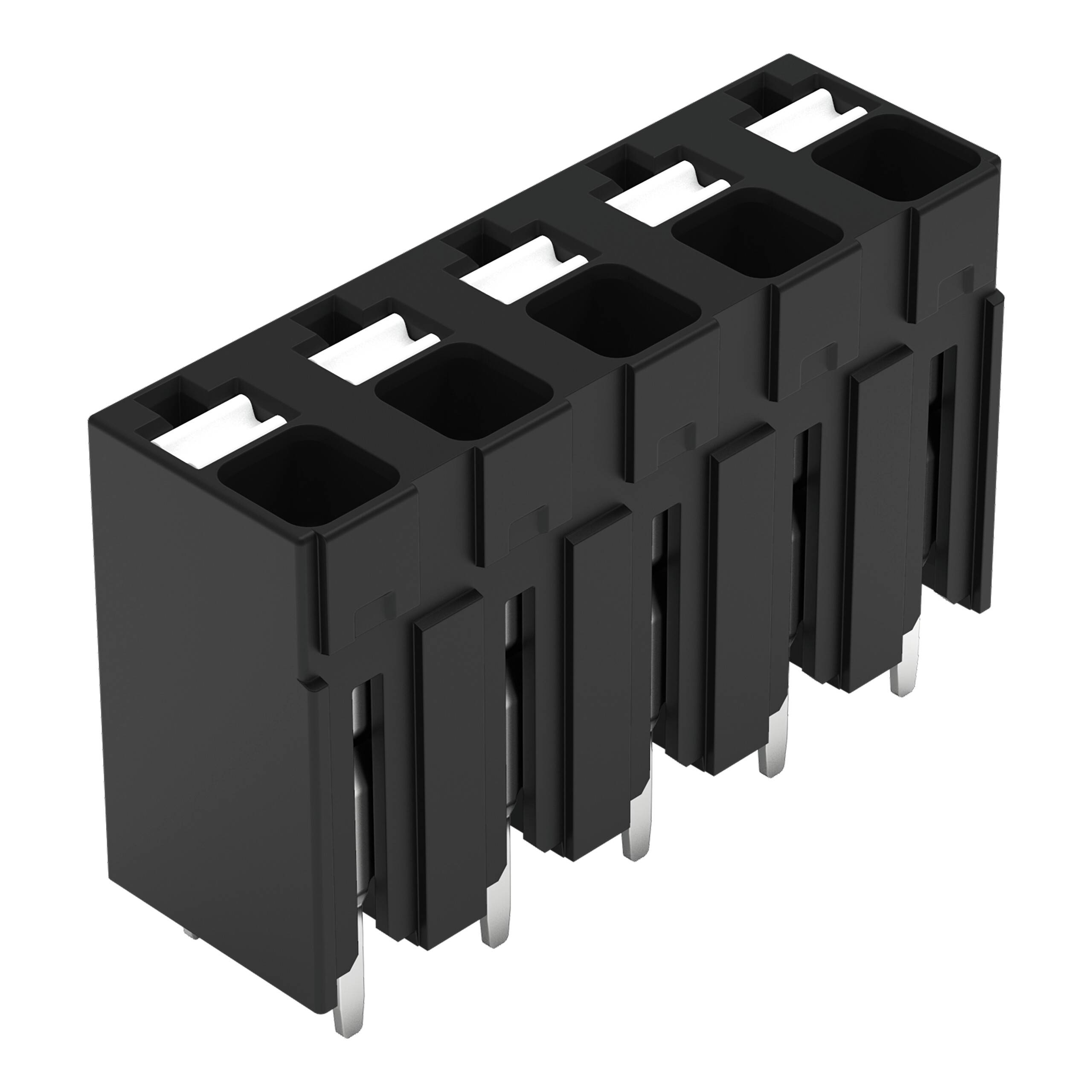 Ein schwarzer Stiftleistenverbinder mit sechs Anschlüssen für elektronische Leiterplattenverbindungen.