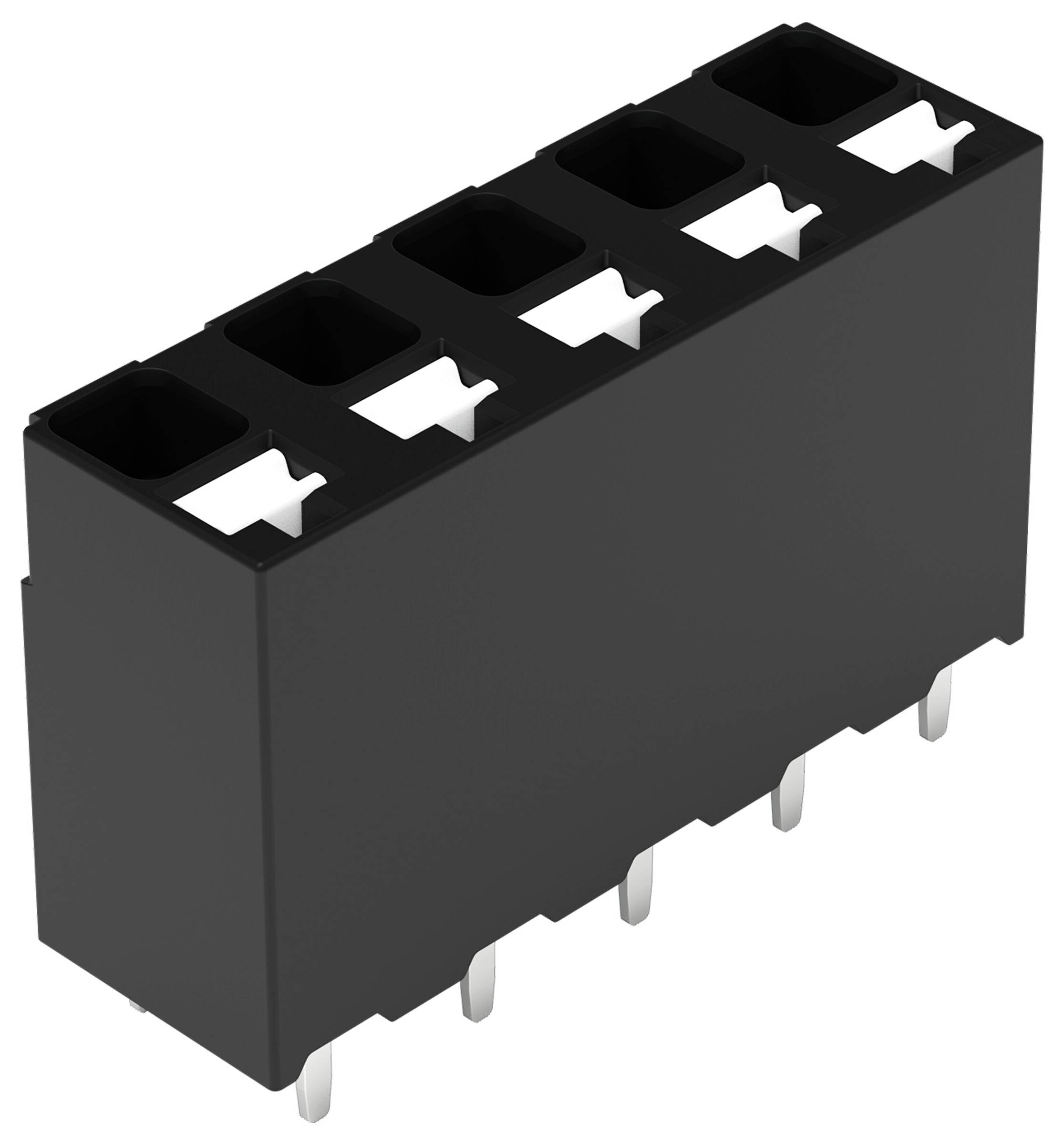 Ein sechspoliger schwarzer Stecker mit rechteckigen Löchern, ausgestattet mit Metallstiften am unteren Ende, typischerweise für elektronische Schaltungsverbindungen verwendet.
