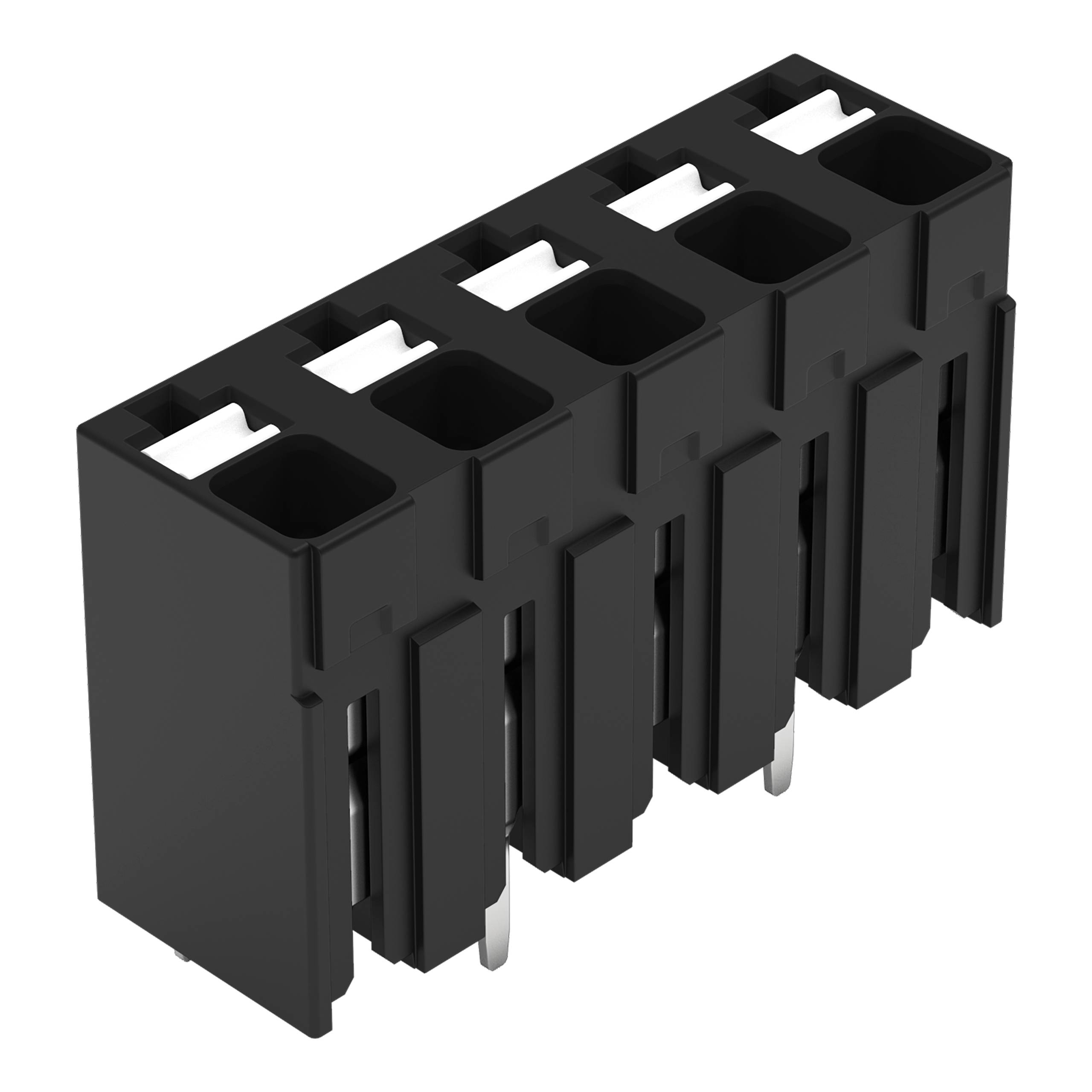 Ein schwarzer, sechspoliger Elektrostecker mit vertikalen Schlitzen und Metallkontakten, der zur Ermöglichung von sicheren elektrischen Verbindungen verwendet wird.