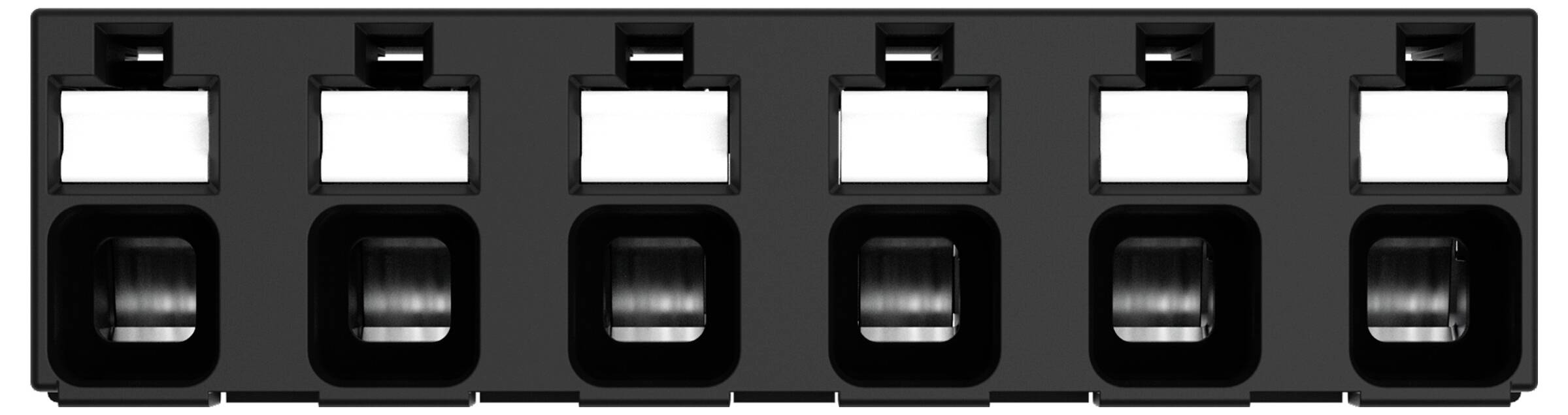 Schwarzes Kunststoff-Gehäuse mit sechs Steckplätzen und offenen Buchsen für elektronische Komponenten, gleichmäßig horizontal angeordnet.