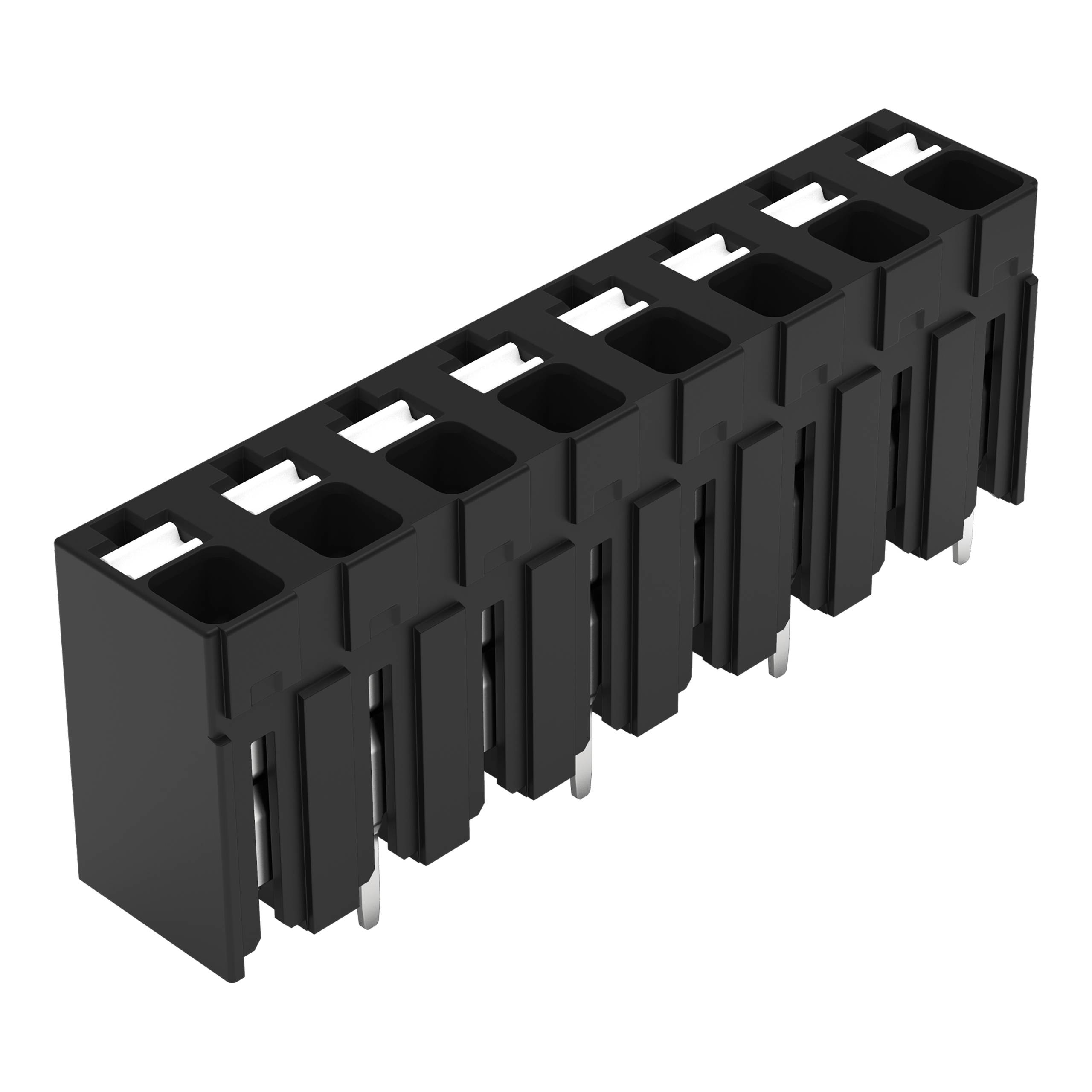 Ein schwarzer elektronischer Stecker mit acht Slots, konstruiert für die Montage auf einer Leiterplatte. Es scheint sich um einen männlichen Steckerleisten-Stecker mit Metallstiften zu handeln.