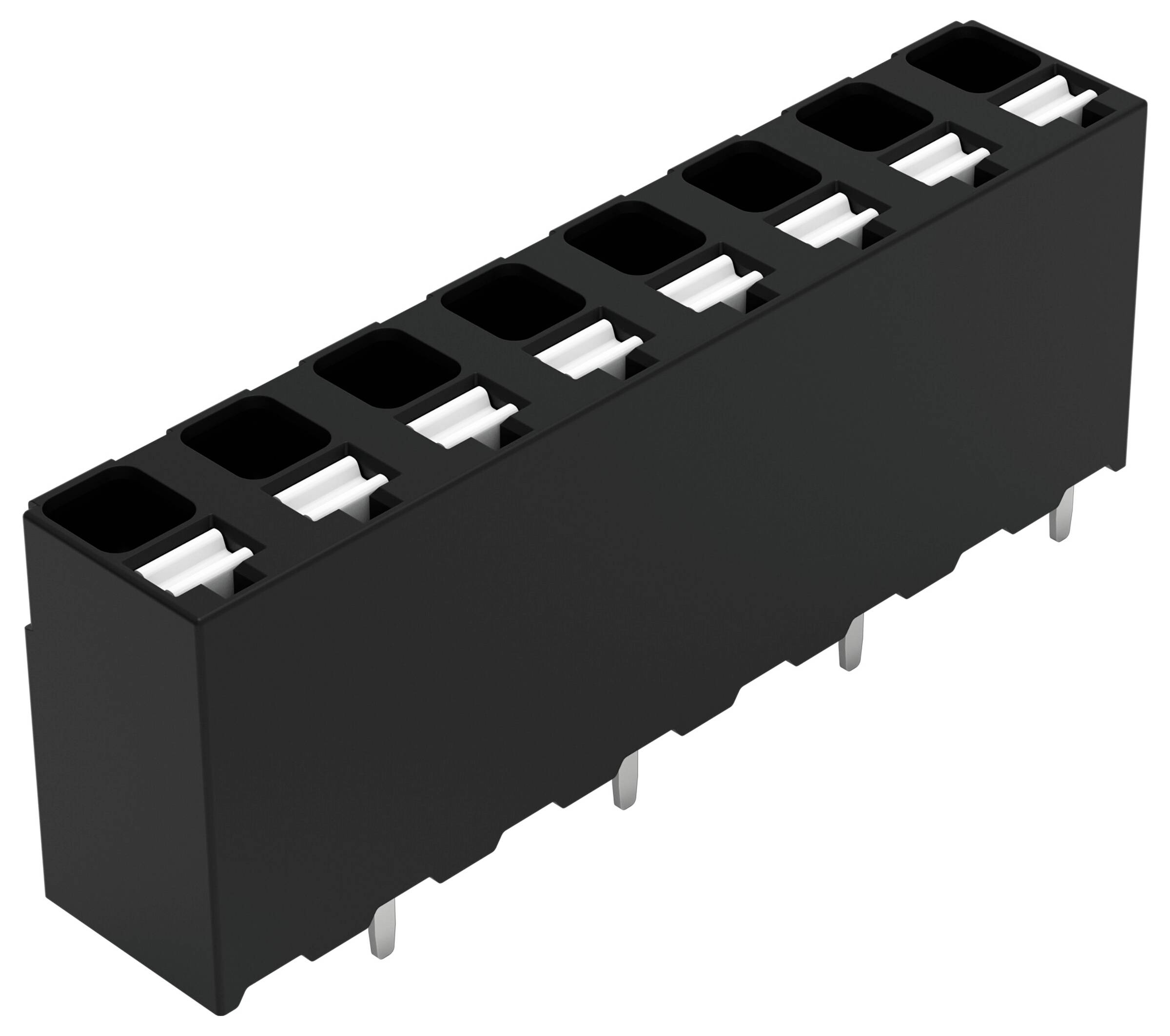 Ein schwarzer, rechteckiger elektronischer Stecker mit zehn Schlitzen und Metallstiften auf der Unterseite, typischerweise für Leiterplattenzerstörverbindungen verwendet.