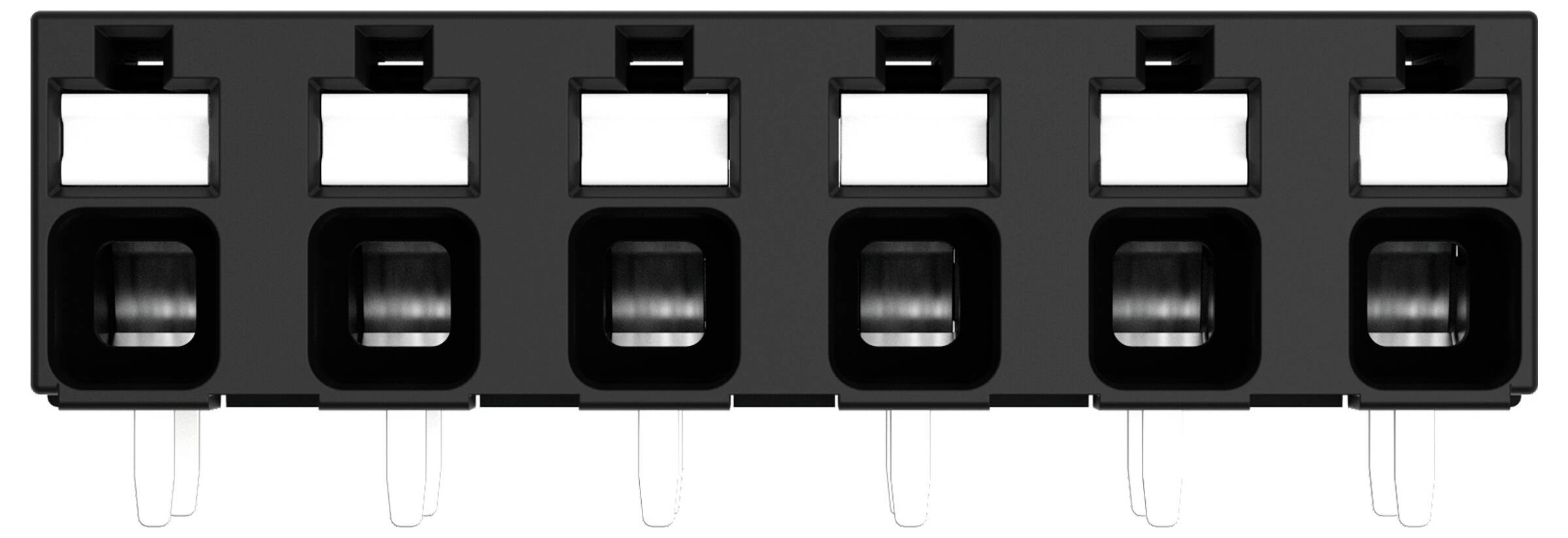Ein sechsteiliger schwarzer Sicherungshalter mit transparenten Sichtfenstern und weißen Hebeln unter jedem Steckplatz, konstruiert zum Schutz von Stromkreisen.