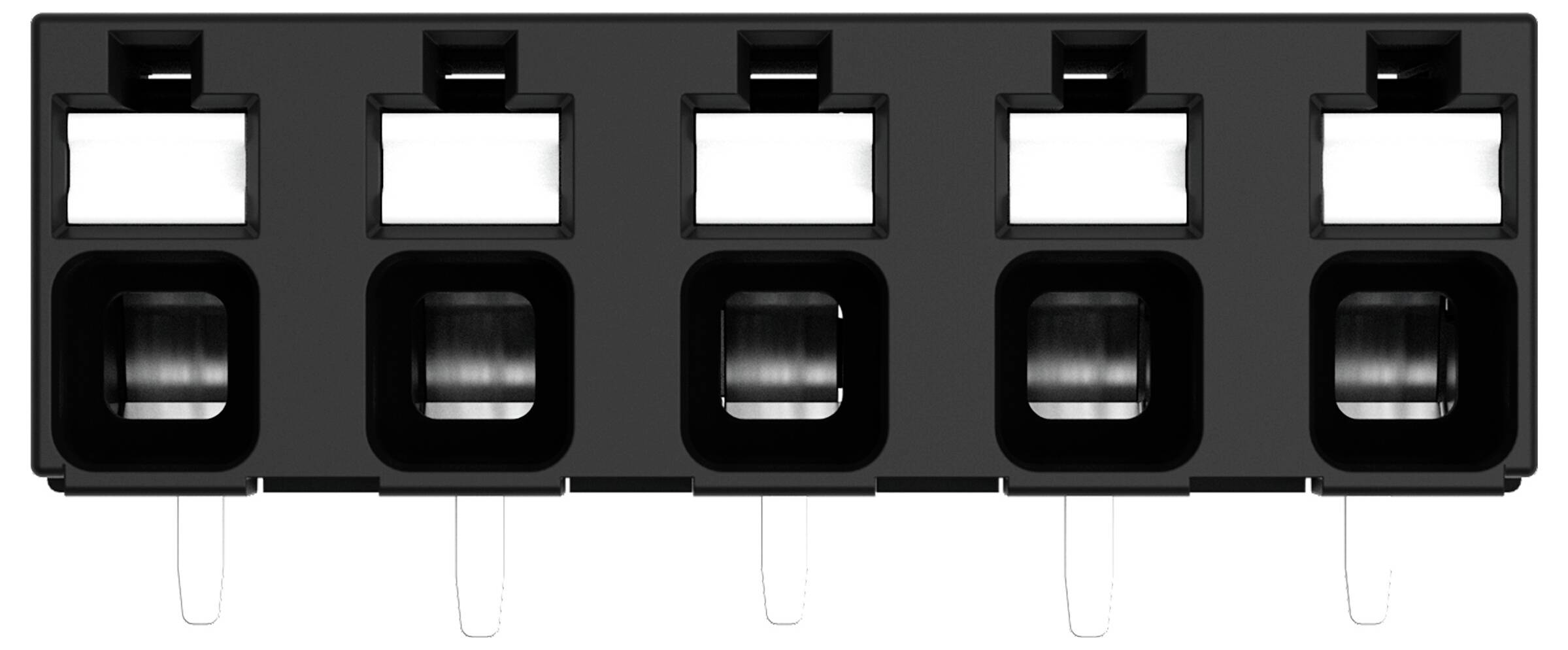 Eine schwarze Kunststoffkomponente mit fünf quadratischen Öffnungen. Jede Öffnung enthält eine kreisförmige Halterung, wahrscheinlich zum Sichern von zylindrischen Objekten.