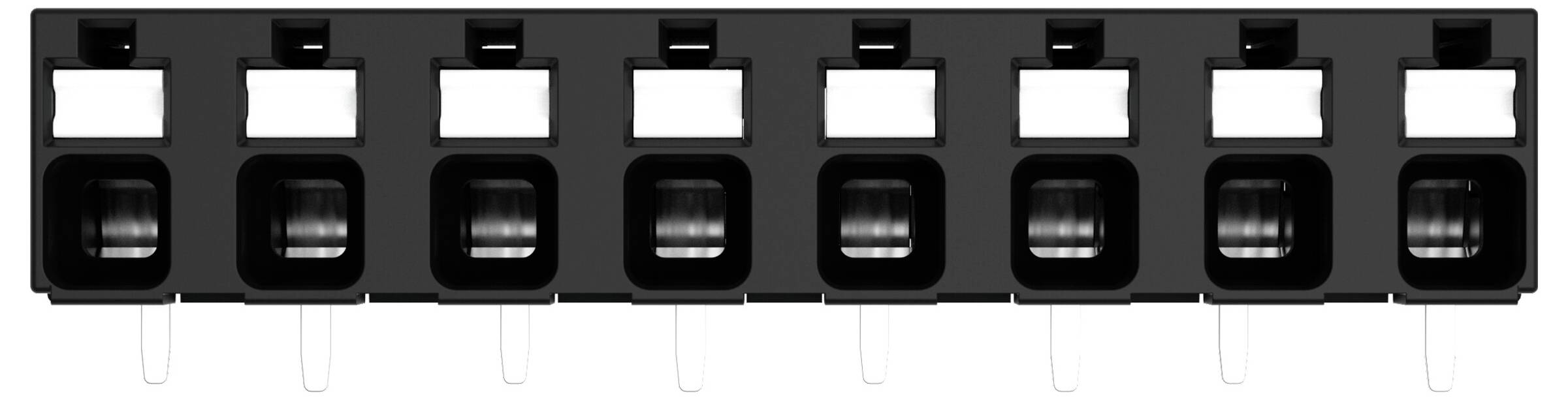 Kunststoffstecker mit acht Schlitzen und Stiften auf der Unterseite, typischerweise für elektrische Verbindungen verwendet. Schwarzes Gehäuse mit weißen Akzenten.