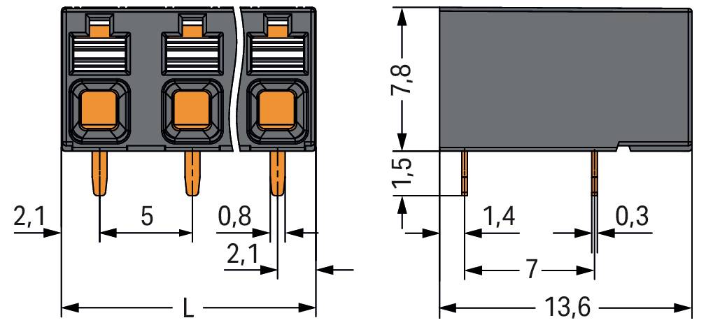 Diagramm eines Drei-Pol-Steckers mit Vorder- und Seitenansicht mit Abmessungen: 2,1 mm, 5 mm, 0,8 mm, 7,8 mm, 1,5 mm, 1,4 mm, 0,3 mm, 7 mm, 13,6 mm.