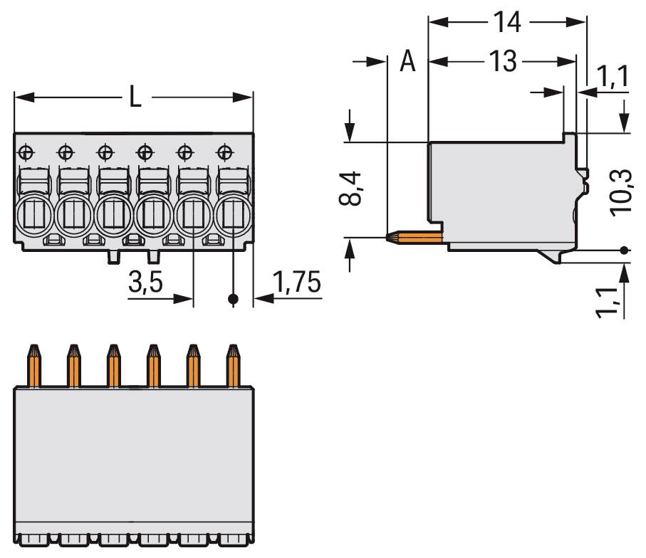Technisches Diagramm mit Abmessungen eines Elektrosteckverbinders: 