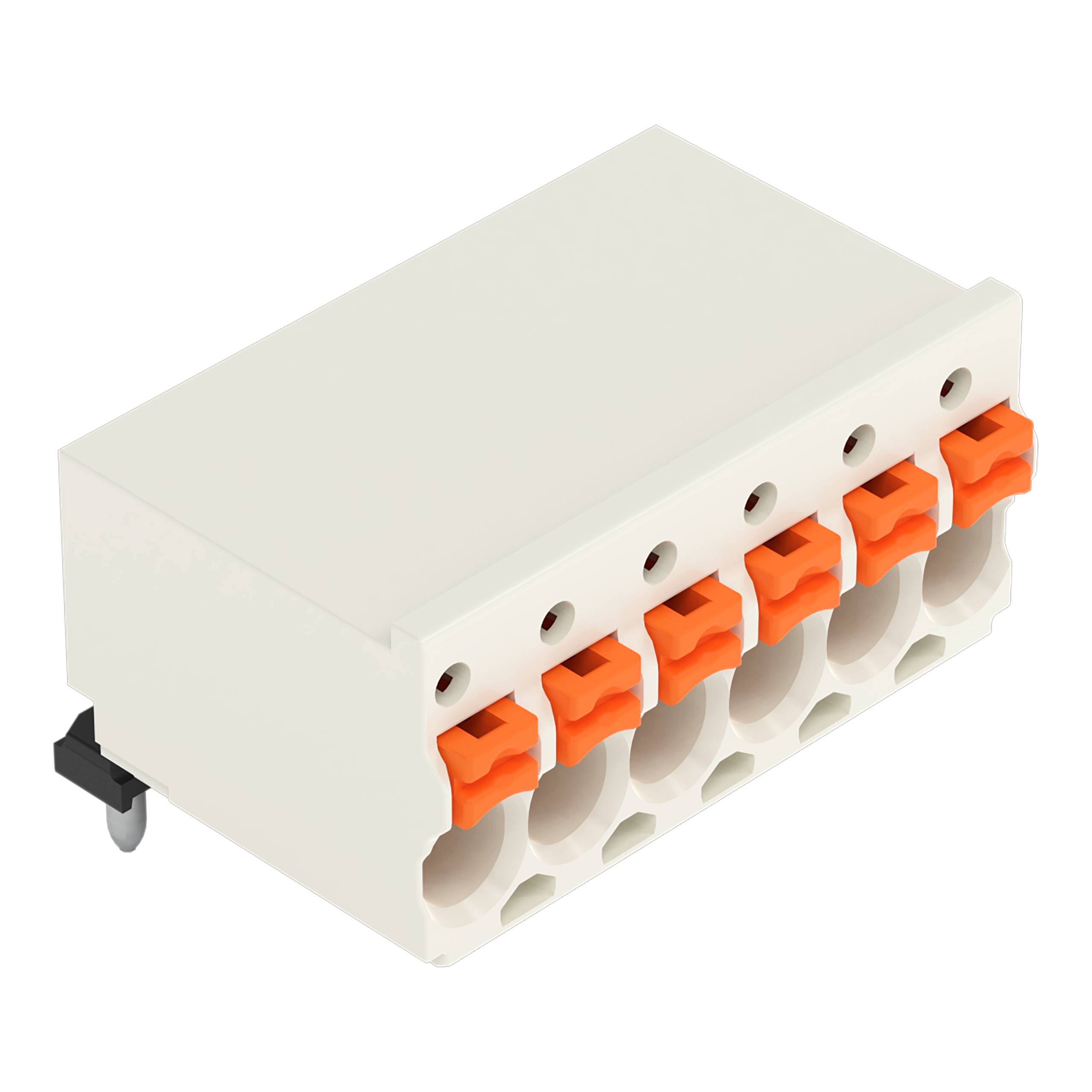 Ein fünfpoliger elektrischer Klemmblock mit weißem Gehäuse und orangefarbenen Hebeln zum Anschluss von Drähten, verwendet in elektrischen Installationen.