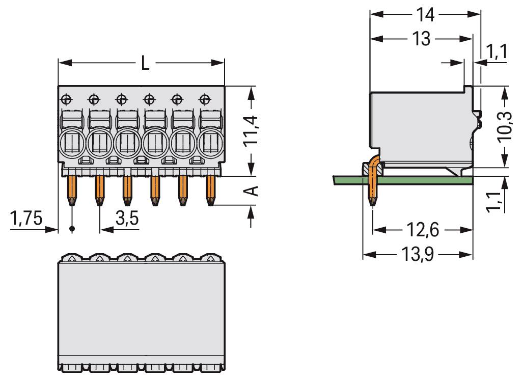 Technische Zeichnung eines Reihenklemmen-Steckers mit Vorder-, Seiten- und Draufsicht sowie angegebenen Abmessungen L, A, 1,75, 3,5, 14, 1,1, 11,4, 10,3, 12,6, 13,9.