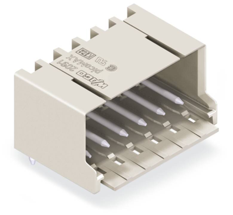 Ein beiger, rechteckiger elektronischer Stecker mit mehreren Metallstiften, der für Leiterplattenverbindungen verwendet wird.