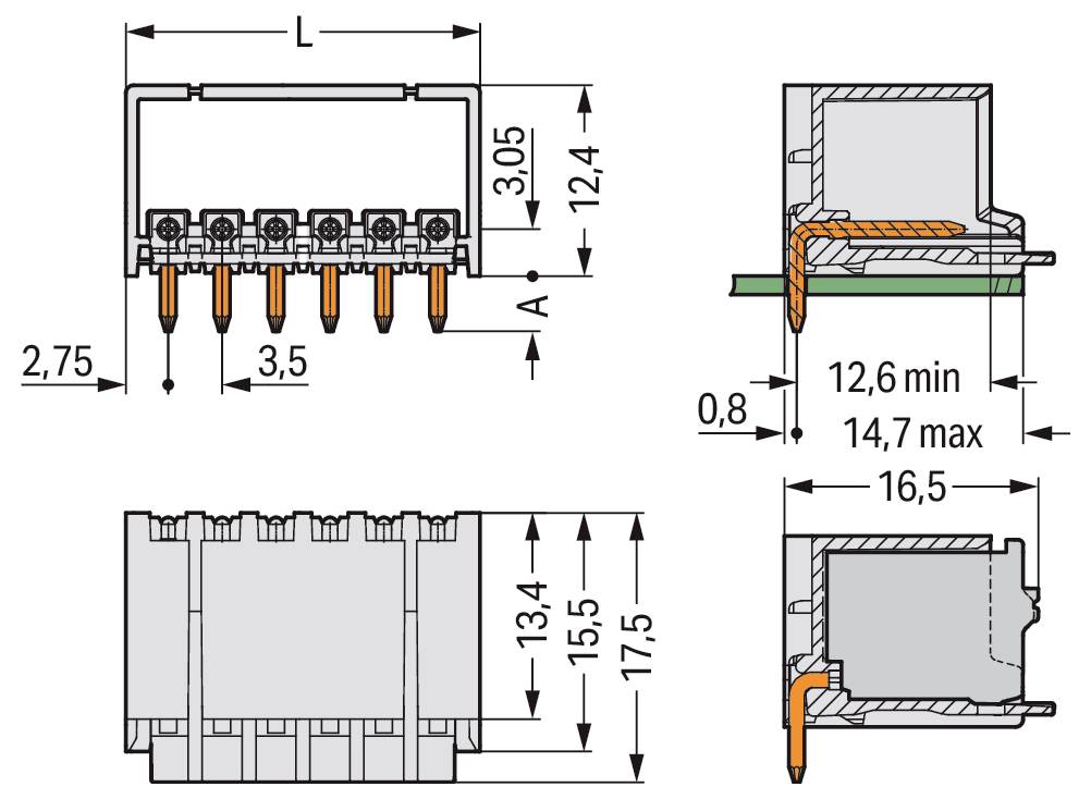 Technisches Schaubild eines elektrischen Steckers. Zeigt Abmessungen und Messungen für Länge, Breite und Stiftkonfigurationen in Millimetern.