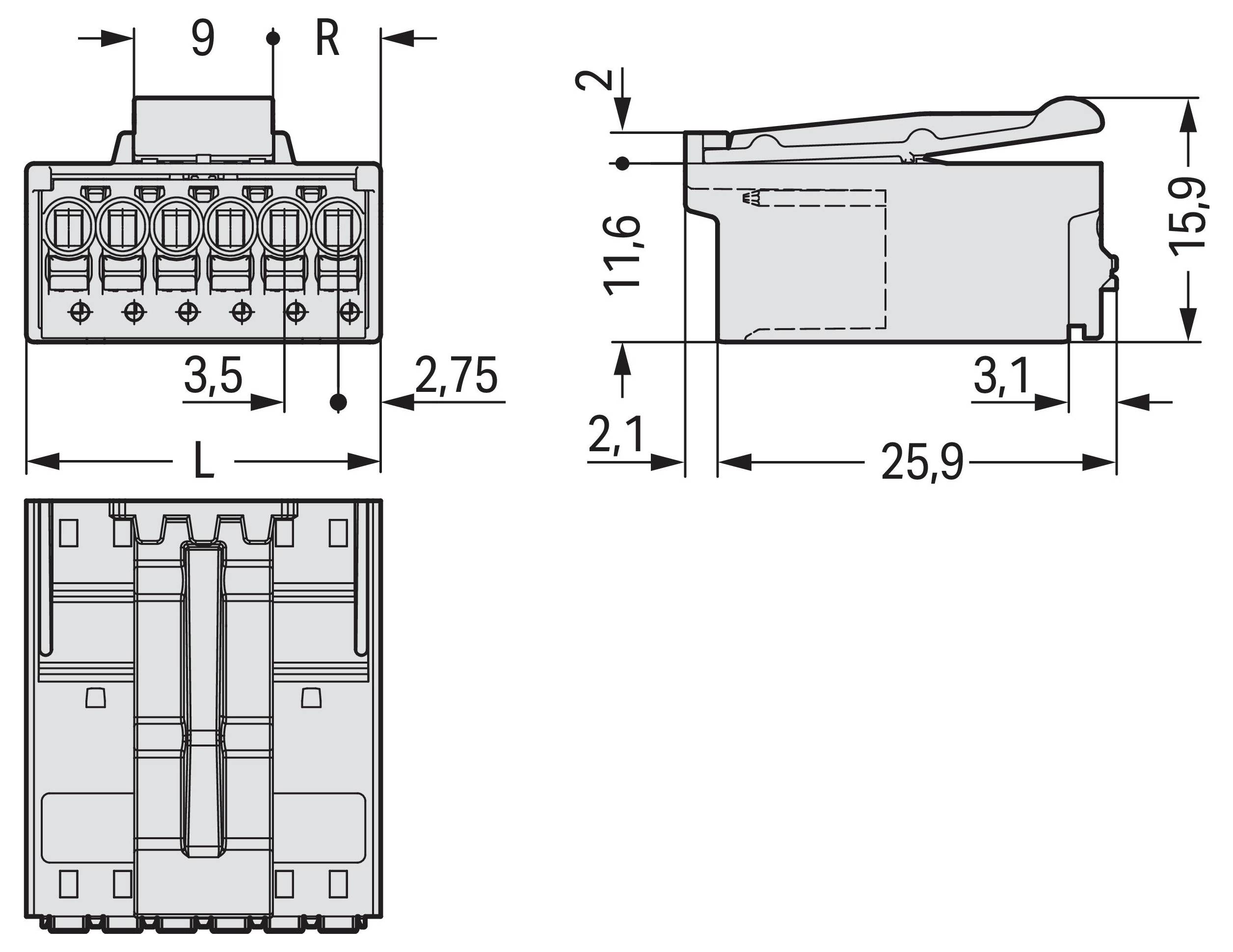 Diagramm eines Steckers mit detaillierten Maßen: Höhe 15,9 mm, Länge 25,9 mm, Breite 9 mm; enthält Seiten- und Vorderansichten.