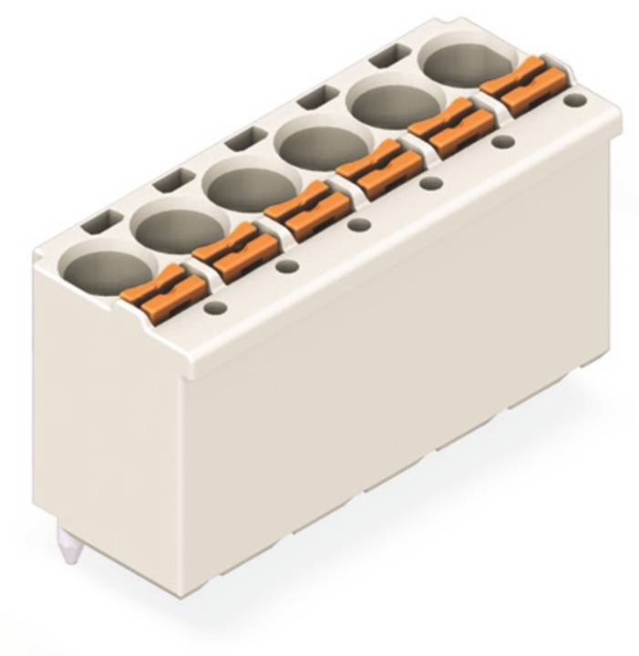 Ein Verbindungsblock mit sechs orangefarbenen Heberschlitzen zur Drahteinführung, verwendet für elektrische Verbindungen. Das Objekt ist rechteckig und weiß.