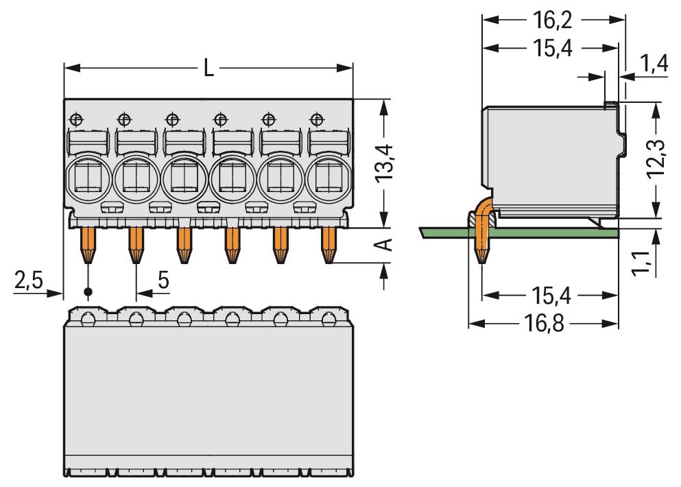 Technisches Diagramm eines Verbindungsblocks mit fünf Stiften. Abmessungen gekennzeichnet: 13,4x16,2x5 mm, 5 mm Stiftabstand, montiert auf einer Leiterplatte.