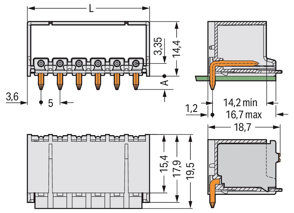 Technisches Schaltschema eines elektrischen Steckers mit Detailmessungen. Hervorhebungen sind unter anderem Länge 'L', Höhe und Positionen für die Drahteinführung.