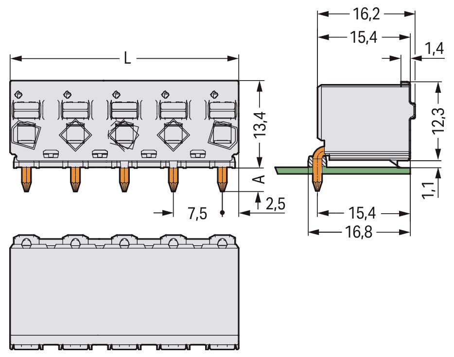 Diagramm einer elektrischen Komponente mit Abmessungen: 16,2 mm Länge, 13,4 mm Höhe, 7,5 mm Breite. Seiten- und Frontansichten enthalten.