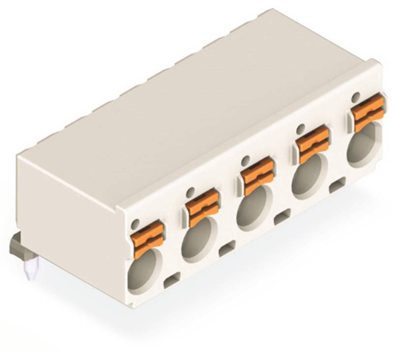 Ein weißes rechteckiges Elektrostecker mit fünf kreisförmigen Anschlüssen und orangefarbenen Verschlüssen auf der Oberseite.