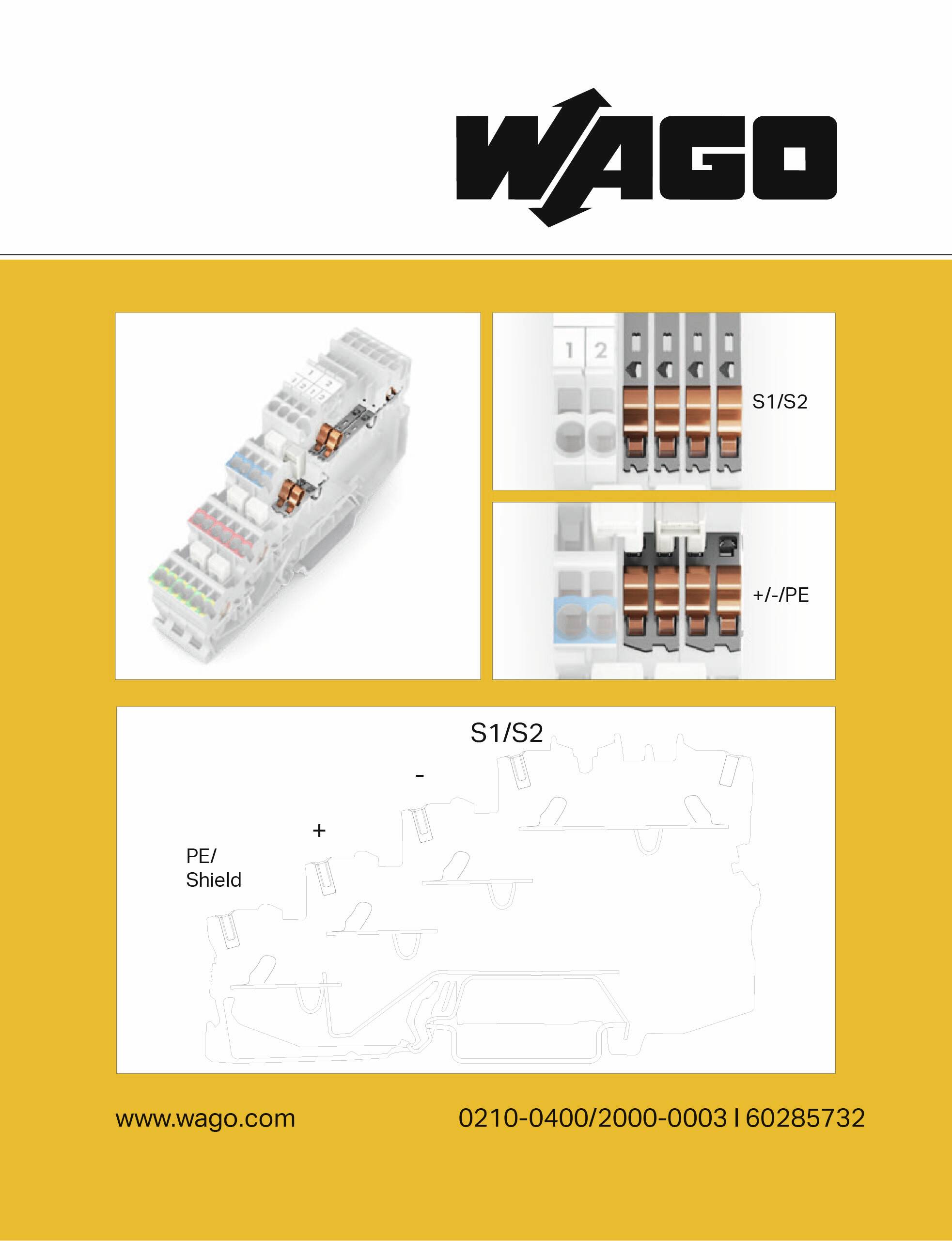 WAGO Elektroklemmenblock mit bezeichneten Anschluss­punkten, detailliert dargestellt. Kontaktinformationen: www.wago.com, Code 0210-0400/2000-0003I60285732.